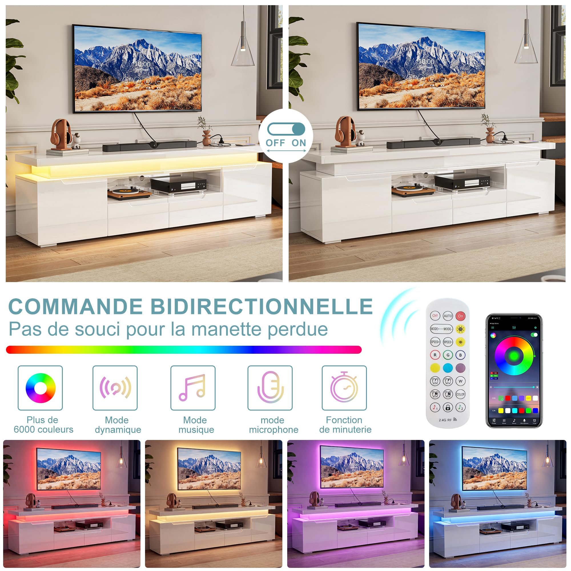 Mobile TV bianco 180 cm con spazio aperto, mobile TV LED con USB, 2 ante e 2 cassetti, tavolo TV da soggiorno, design moderno, armadio basso, panca TV per soggiorno camera da letto, bianco