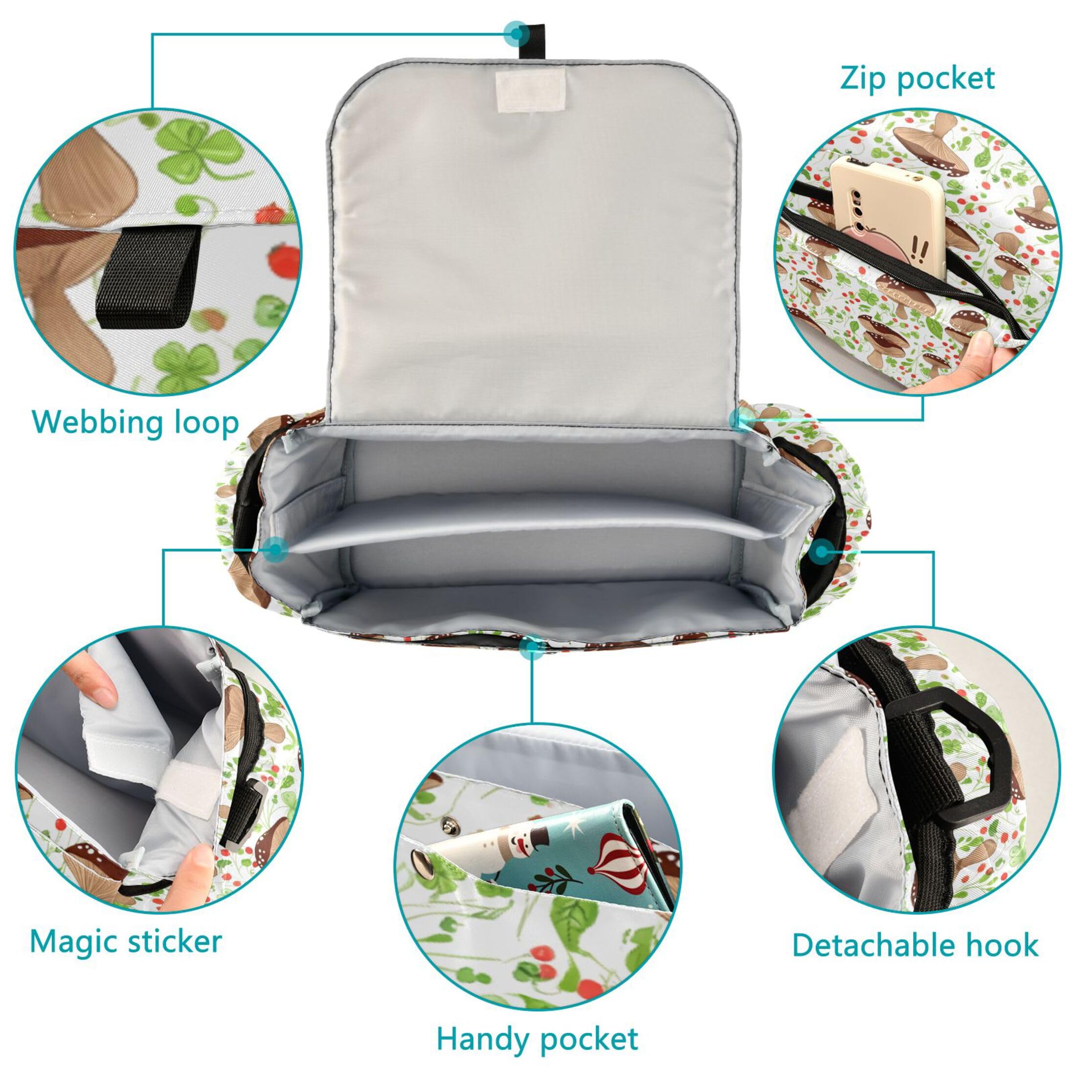 Burbuja Brown Mushrooms Stroller Organizer with Insulated Cup Holders, Non-Slip Stroller Caddy Universal Fits Most Strollers, Nursery Accessories