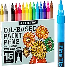 Oil Based Markers for Rock Paints, Stone, Ceramic, Glass, Wood, Plastic, Cups, Canvas, Set of 15 Markers Quick Drying, Permanent, Water and Oil Resistant Fine Tip