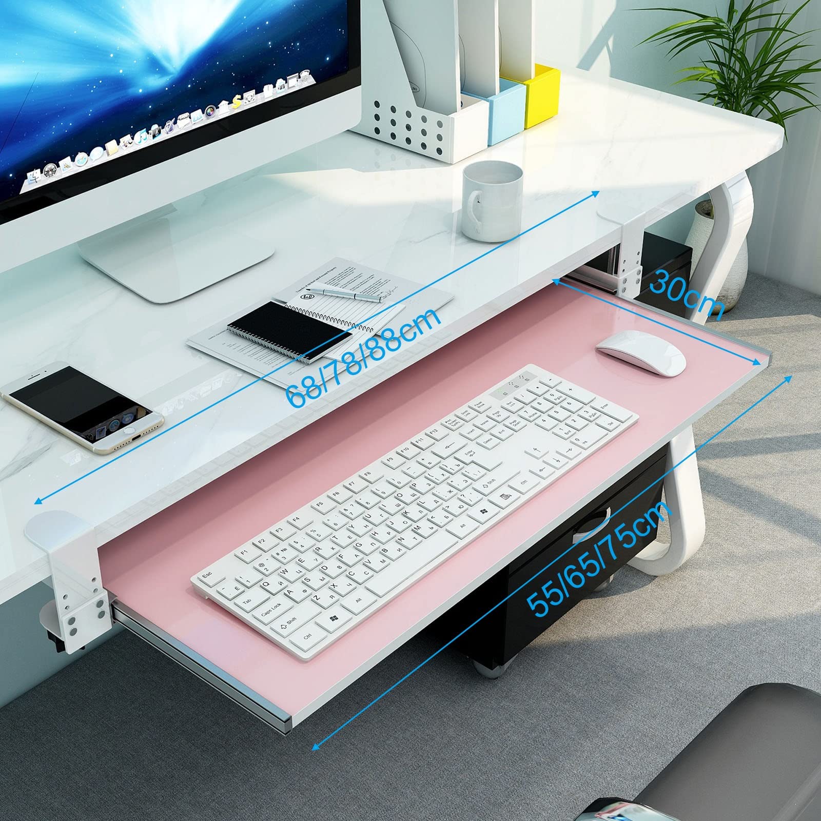 Ergonomiczne przedłużenie biurka, wysuwana taca na klawiaturę i platforma pod mysz, z podparciem nadgarstka, różowa, 75 x 30 cm, idealne do domowego biura i konfiguracji gier