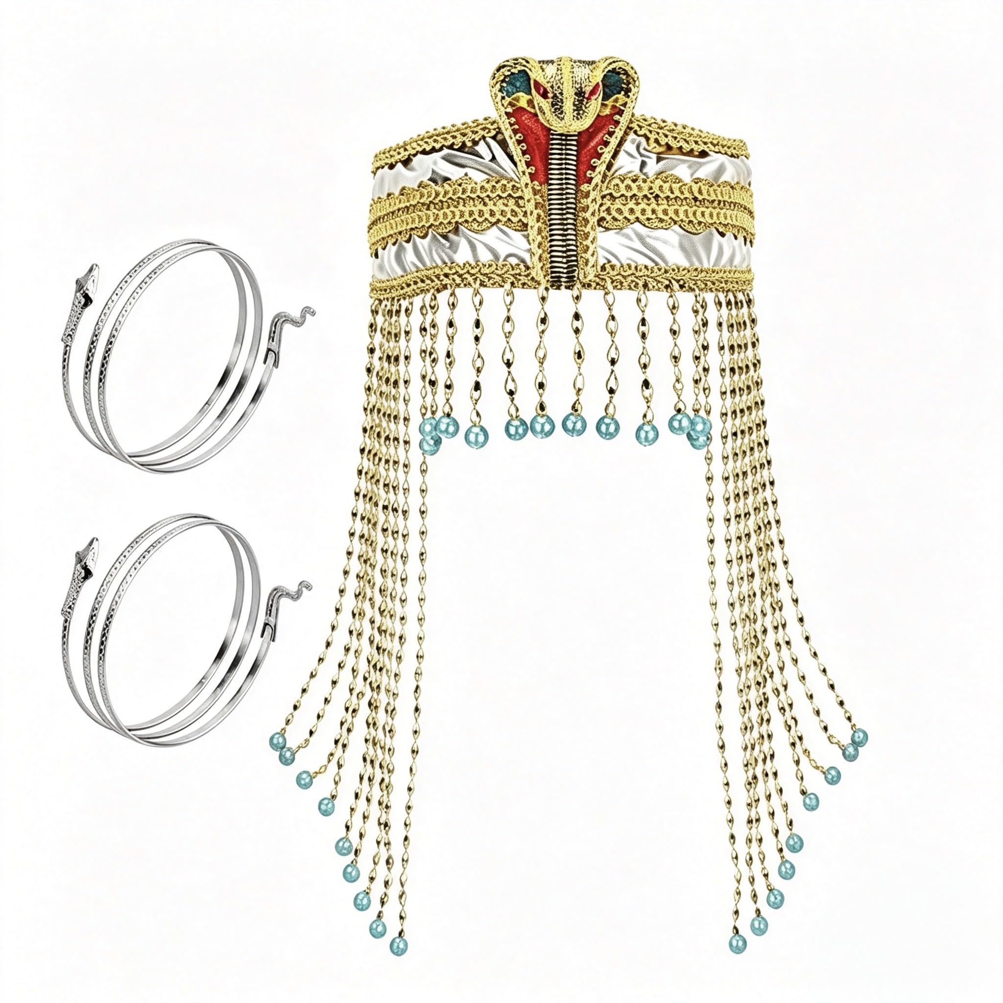 3 Pieces Egyptian Costume Accessories Set, including 1 Piece Cobra Headpiece, 2 Pieces Snake Armband, Gemstone Bracelet, Ancient Egyptian Costume for School, Egyptian Days Vintage Party Hallo (Silver)