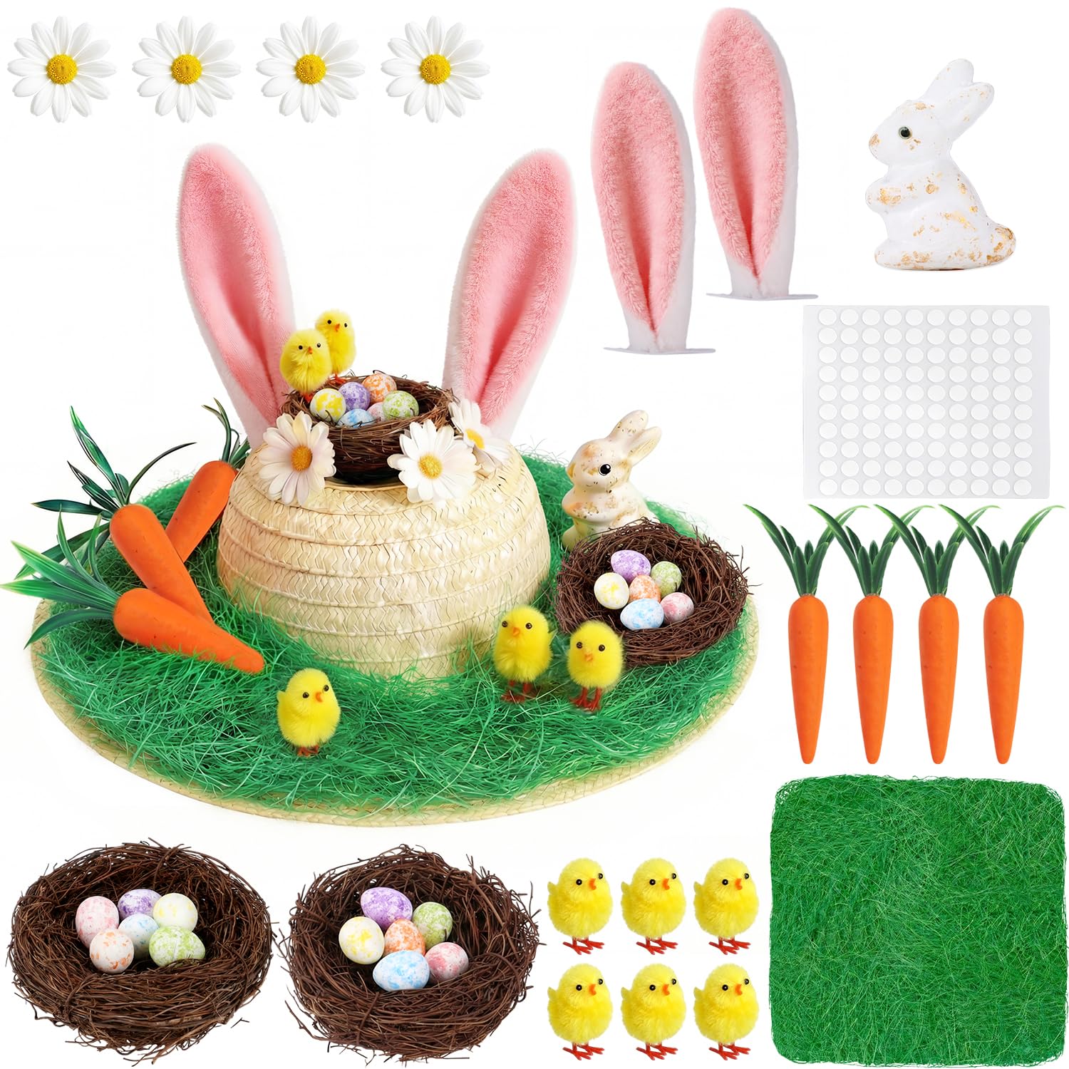 Easter Bonnet Kit - Easter Gifts for Kids Bunny Hat Crafts Set, Make Your Own Hat with Chick, Bunny, Rabbit Ears, Carrot, Nest, Flower, Grass for Bonnet Decorations, Easter Bonnets for DIY Party