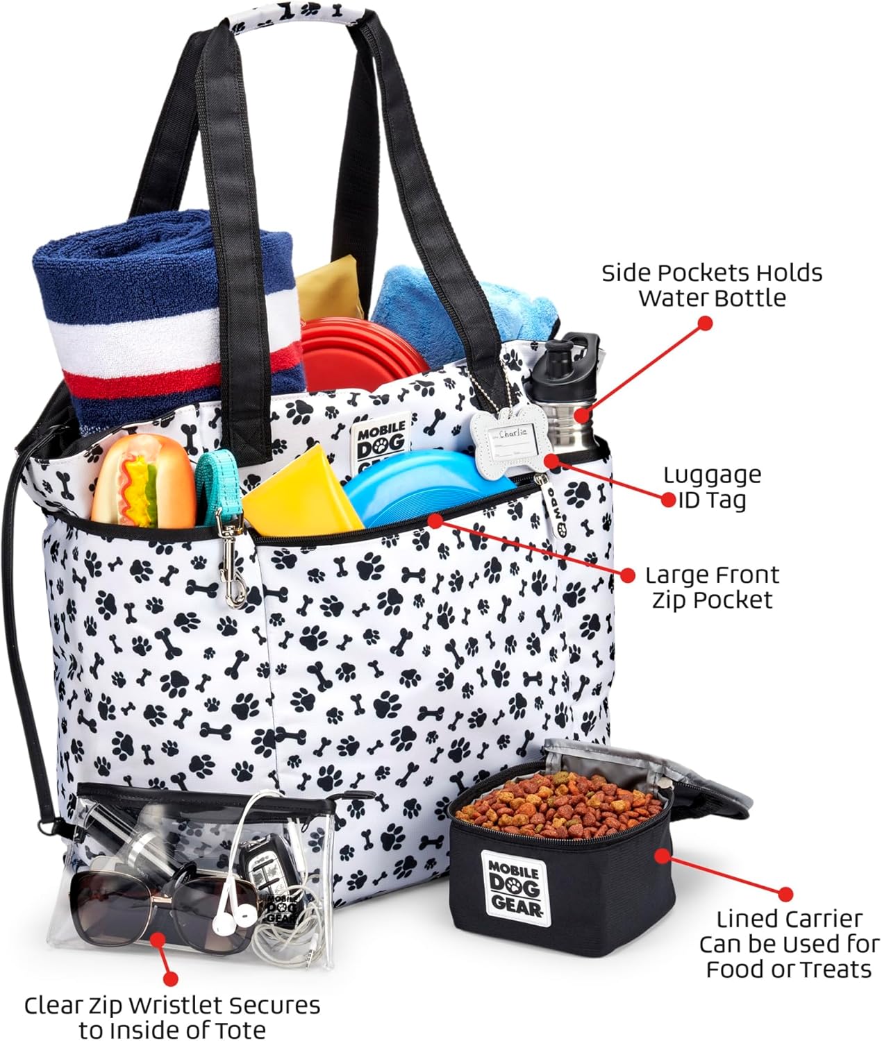 Mobile Dog Gear, Dogssentials Dog Tote Large Travel Bag, Includes Lined Food Carrier and Clear Wristlet Pouch, Meets Airline Requirements, 19 Inches x 17 Inches, Black/White Paw Bone Print