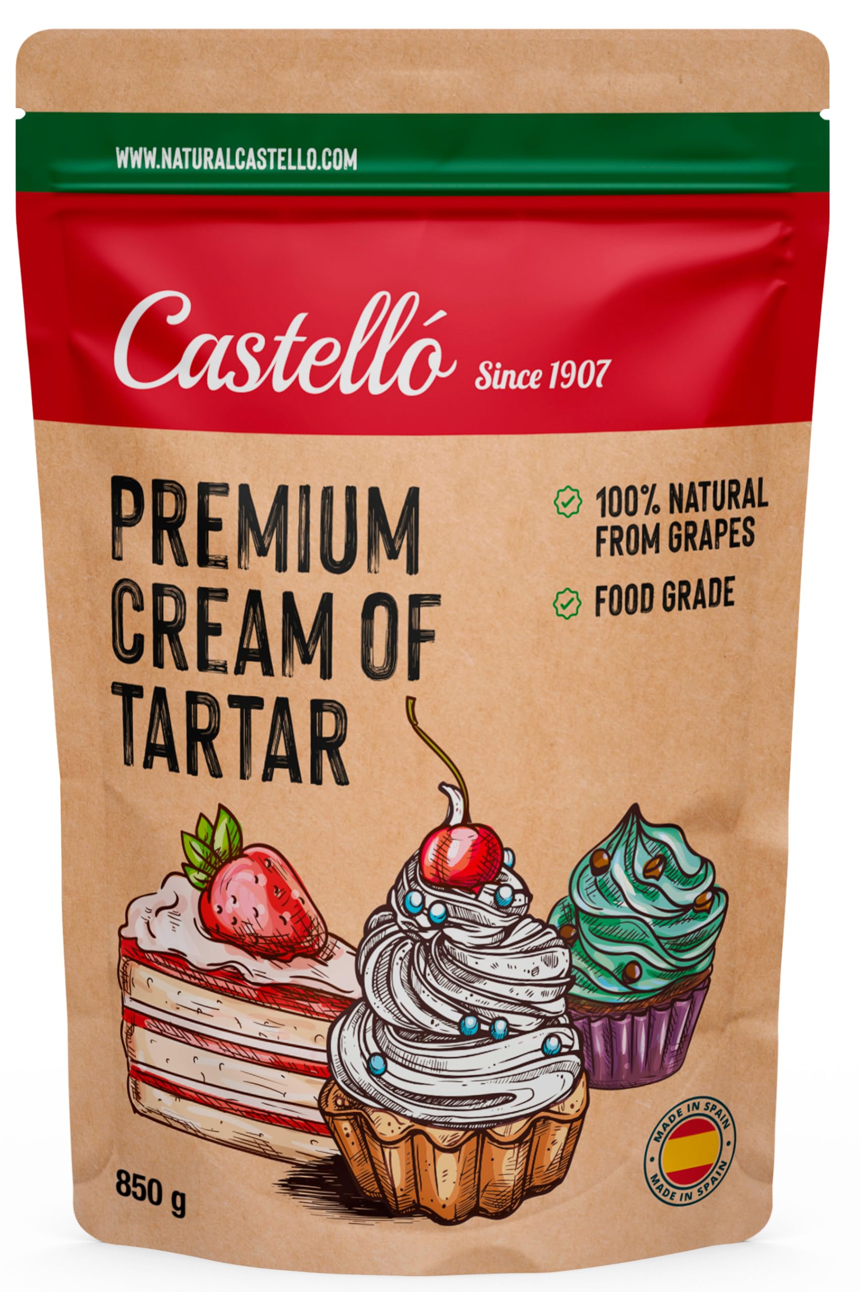 Castello since 1907 Cremor Tártaro (Cream of Tartar) 850 g - 100% Natural - Sustituto Natural de la levadura química - Sin Gluten - Sin aditivos - Sin fosfatos - Keto Y Paleo - No OGM