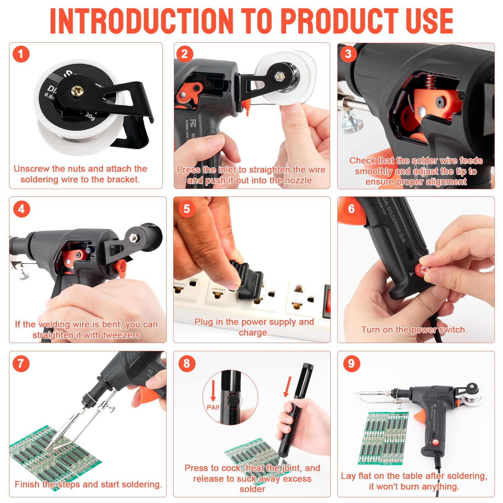 Kit pistola per saldatura, aggiornamento 120 W, temperatura regolabile, multifunzione, kit saldatore per riparazione elettronica di saldatura (set da 11 pezzi) (nero)