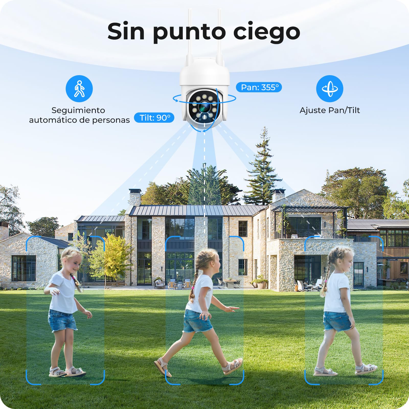 Camcamp Kit Camaras de vigilancia, 8X PTZ Cámara Vigilancia WiFi Exterior, Seguimiento Automático, Visión Nocturna en Color, Grabación 24/7, 16CH NVR con Memoria Local de 500 GB, Audio Bidireccional