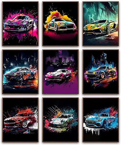 Miniatura 1 de tgguytiy 9 piezas de impresiones artísticas de pared de automóvil de carreras, pósteres de lona de moda para decoración de pared, pinturas