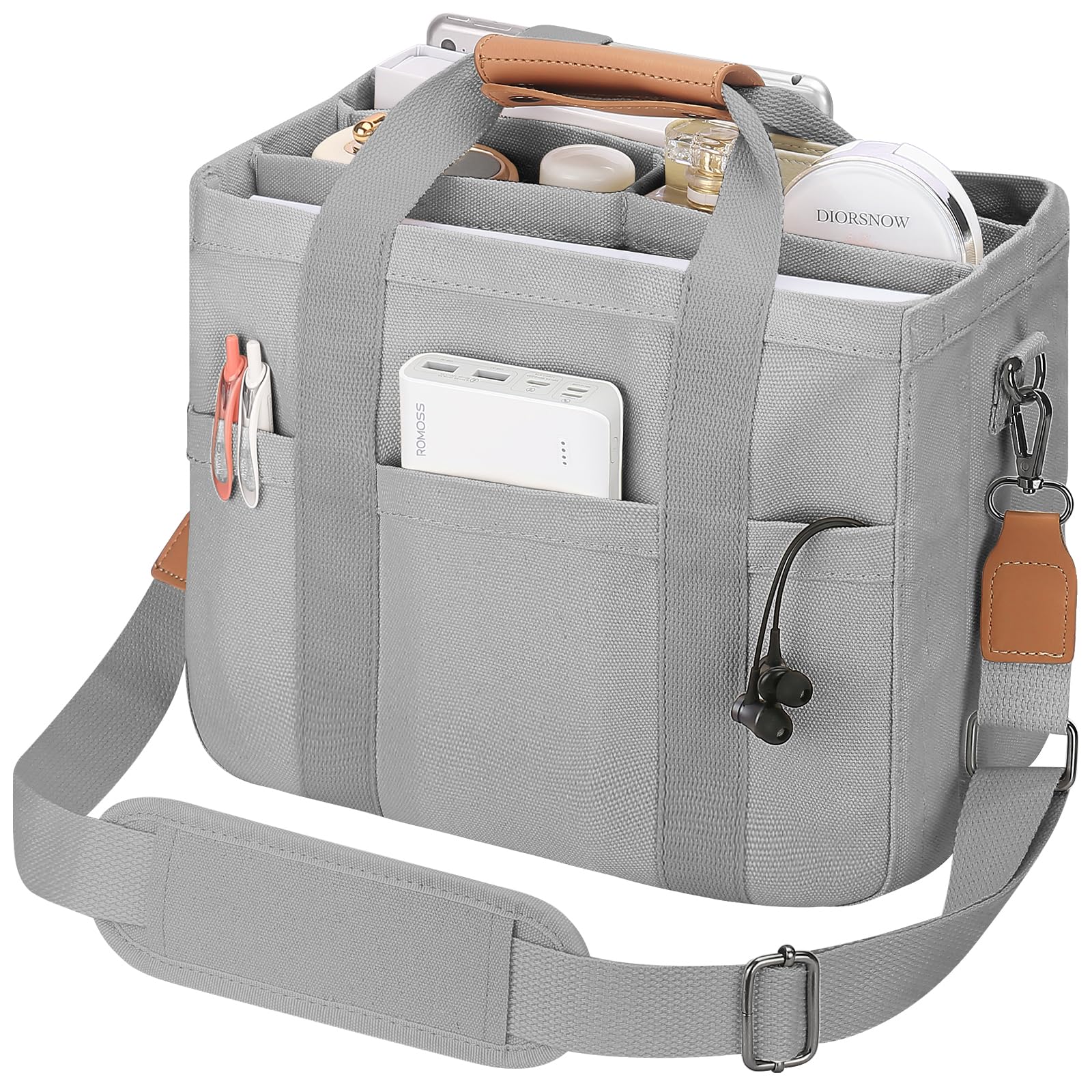 Large Canvas Tote Bag for Women with Multi Pockets - Laptop Crossbody Shoulder Handbag Everyday Tote with Compartments