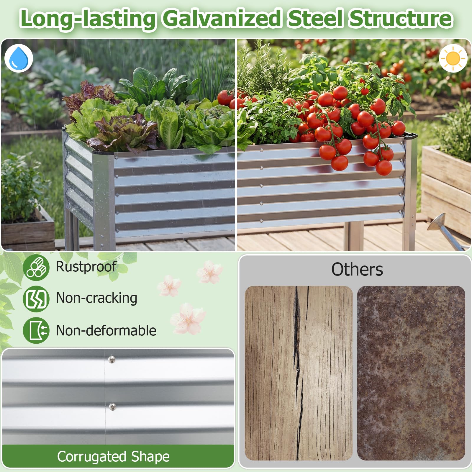 FANTASK Jardinière surélevée en métal - 118 x 60 x 77,5 cm - avec système de Drainage jusqu'à 50 kg - pour légumes, Fruits, Fleurs, Herbes, Balcon, Jardin, terrasse - Argenté