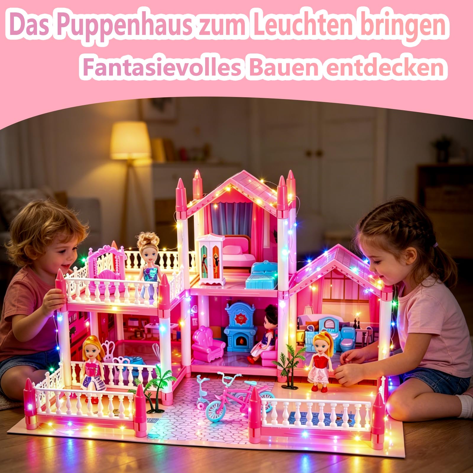 Puppenhaus für Mädchen mit Licht, Spielmatte, Puppen und Möbeln für Kinder von 3–8 Jahren