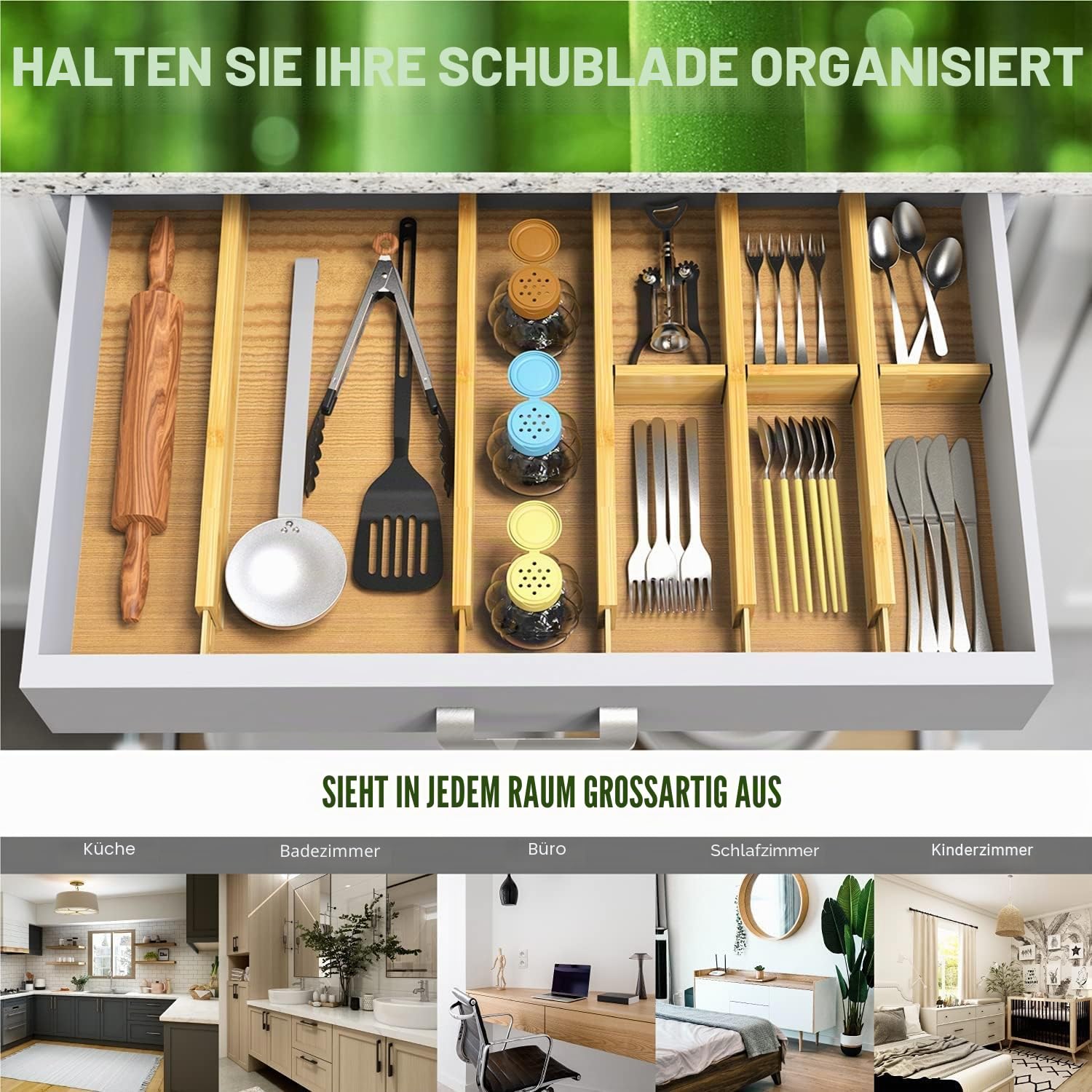 ANTOWIN Schubladentrenner Verstellbar Bambus (33-43 cm), Schubladen Organizer, Gefedert, Küche, Kommode, Badezimmer, Schlafzimmer, Babyschublade, Schreibtisch Ordnungssystem