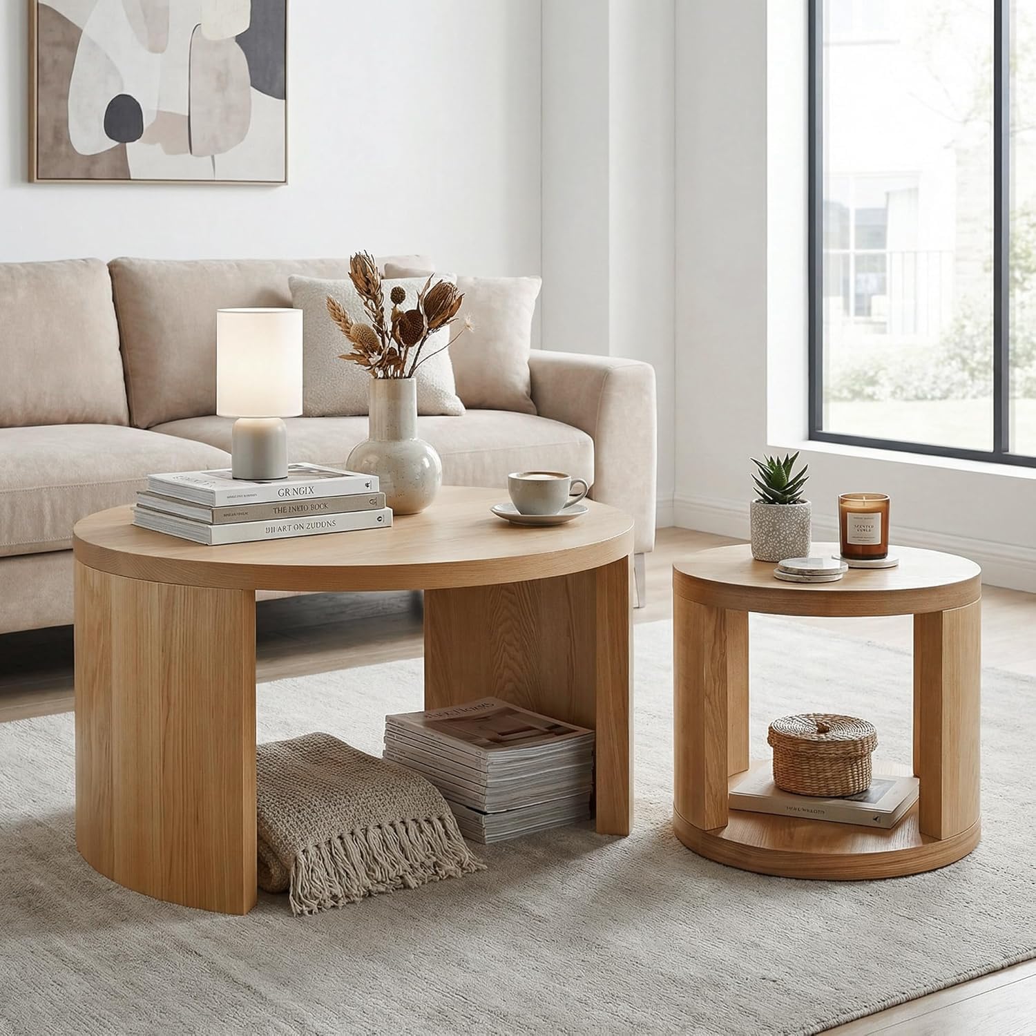 Couchtisch rund 2er Set, Flache Platte, Ø80/46cm, Natur | Wohnzimmertisch rund, Satztisch, Couchtisch Set, platzsparend ineinanderschiebbar, flexibel einzeln oder zusammen nutzbar