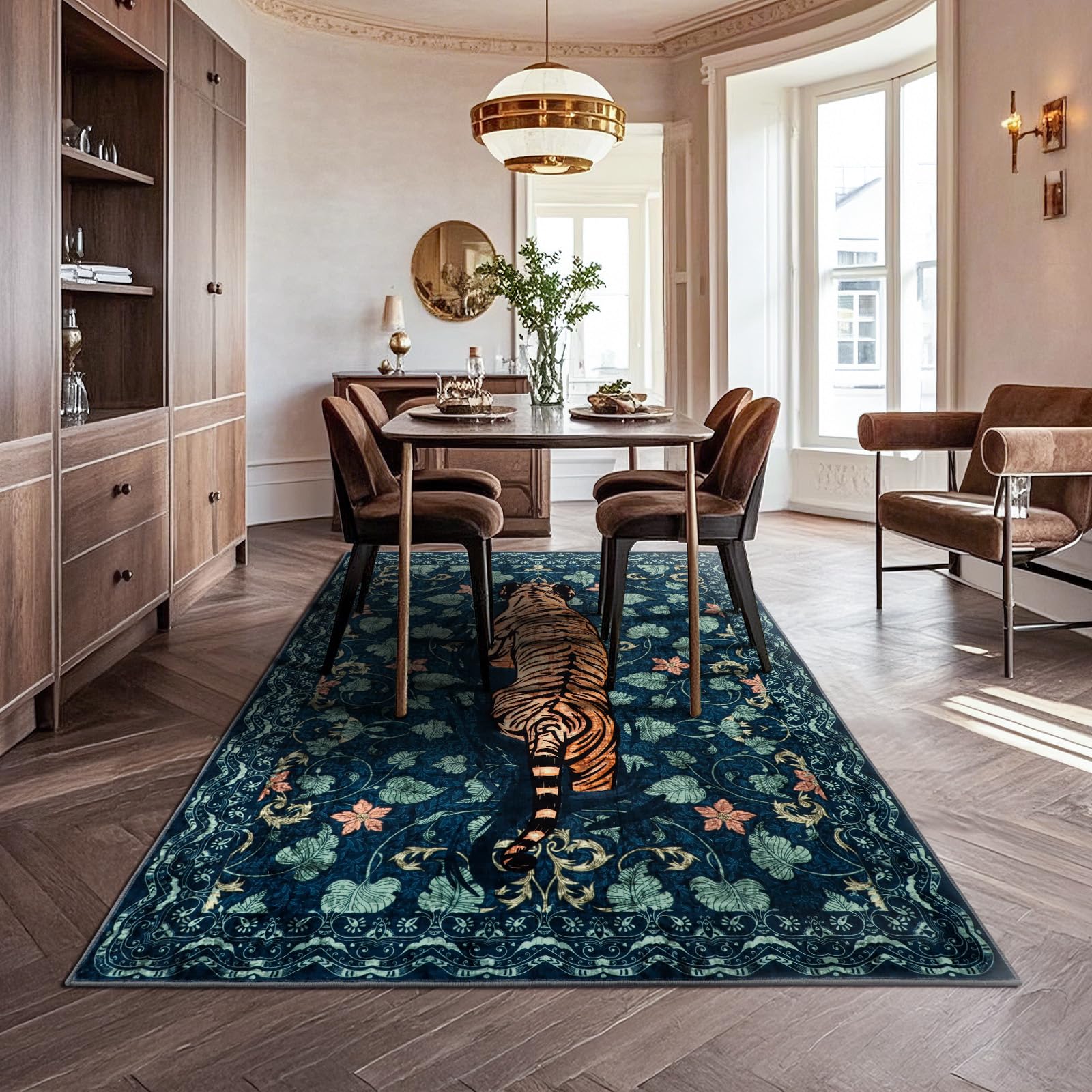 Alfombra lavable para salón, 120 x 180 cm, alfombra verde tigre con base antideslizante, alfombra suave y corta para cocina, alfombra grande bohemia para baño, dormitorio, oficina