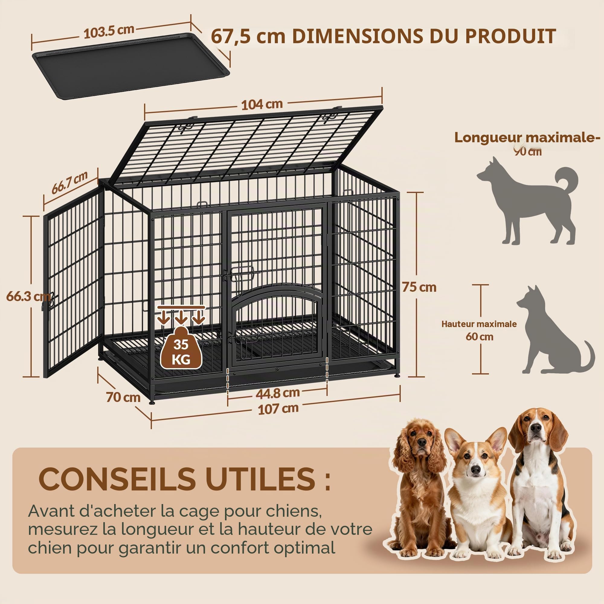 Cage pour Chien Lourd, XL Cage pour Chien Métal avec Porte Latérale et Plateau Amovible, Facile à Nettoyer, 4 Portes Caisse pour Animaux, Caisse Chien Intérieur, Noir, 107 x 70 x 75 cm