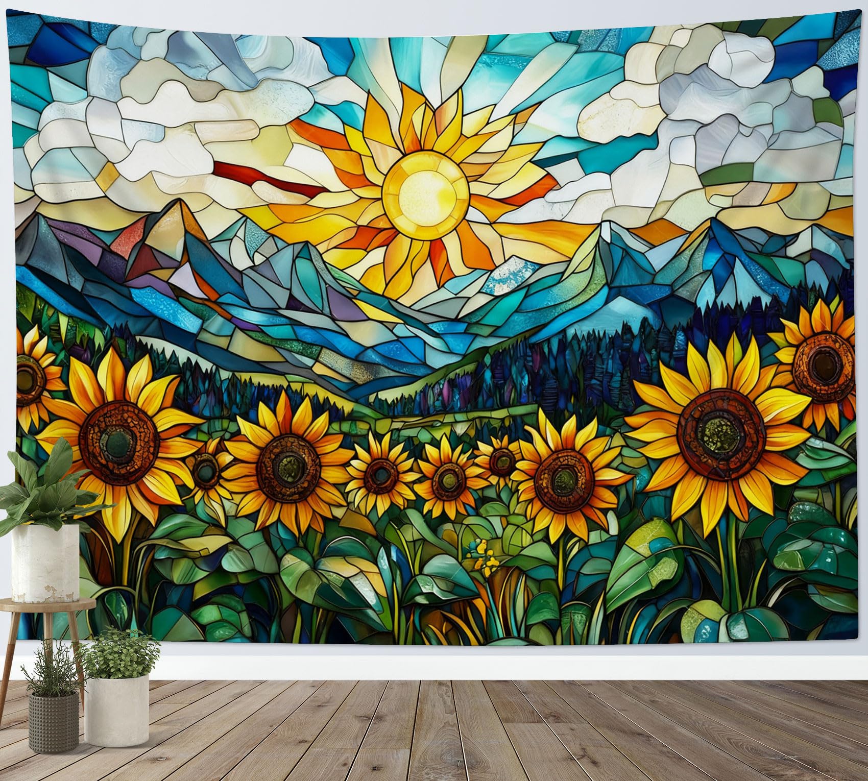 LB Abstract Sunflower Tapestry Wall Hanging Stain Glass Rustic Sunset Mountain Forest Wall Decor for Living Room Bedroom Home Office,59x51 inch — image 1