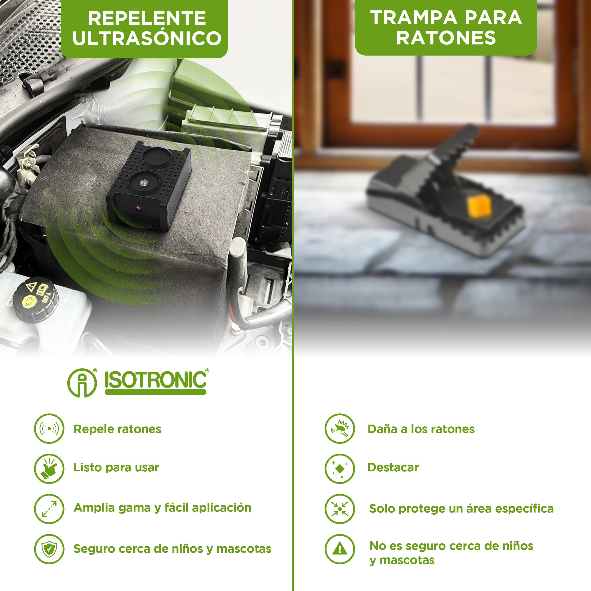 ISOTRONIC Repelente de Martas con Luz LED y Ultrasonidos — A Pilas para Coche, Ático, Garaje y Casa — Protección contra Ratones, Ratas y Lirones — Pack de 3 Unidades