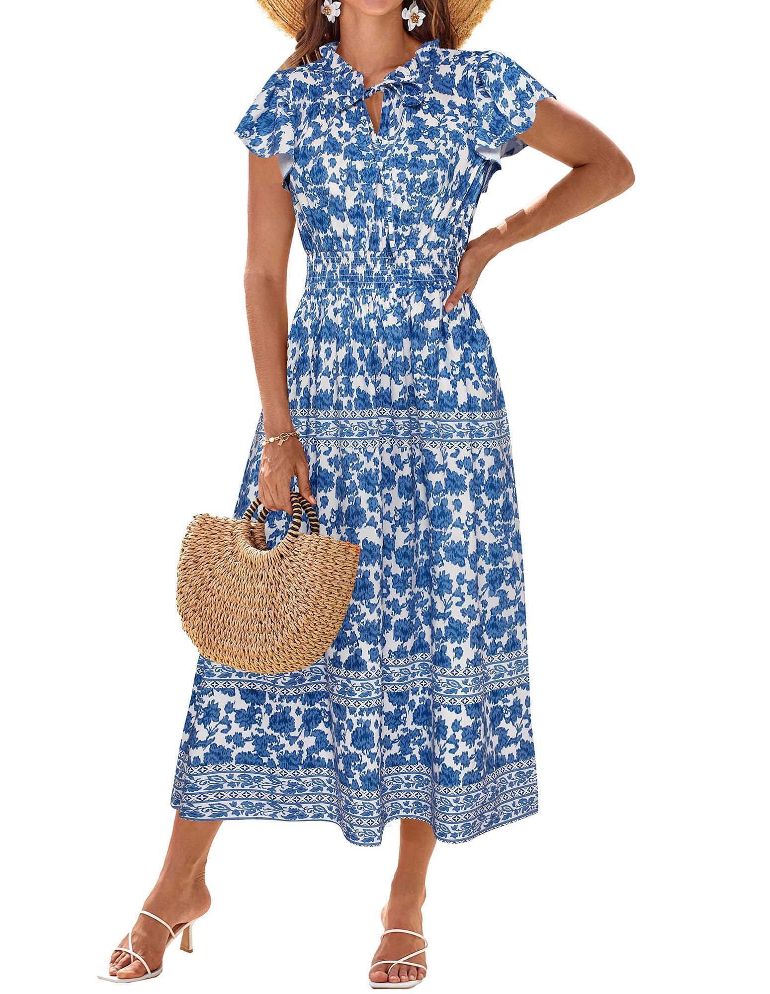 GRACE KARIN Women's Floral Boho Dress Hawaiian Dresse Short Sleeve V Neck Summer Beach Wedding Guest Swing Maxi Sundress