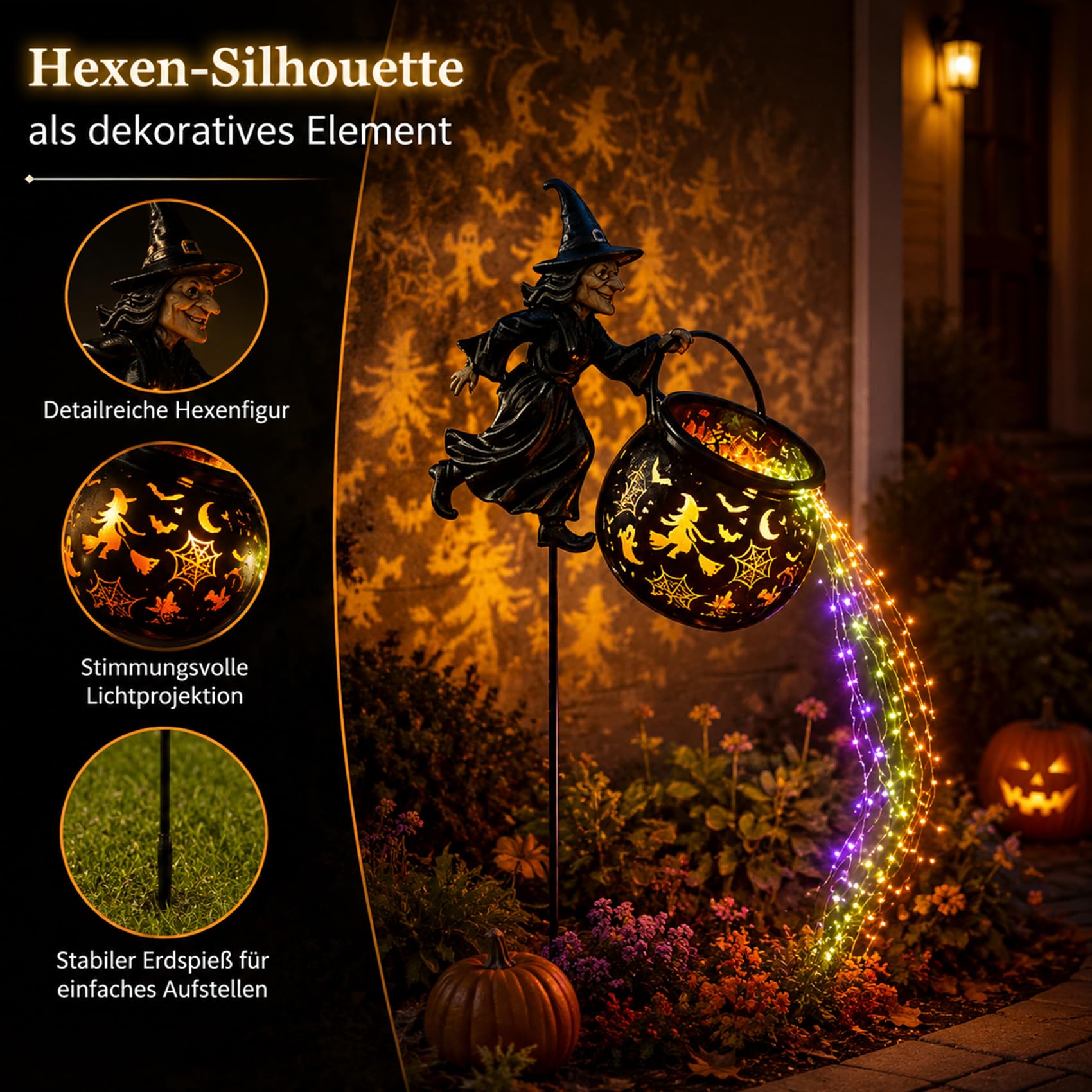 Leuchtender Halloween-Hexenkessel mit Hexe, 2027 NEU Magische HüTe – Hut- Und Wandprojektion Mit Lichterkette, Wasserfall-Stil für Halloween, Zauberhaft für Garten, Rasen und Wege (1)