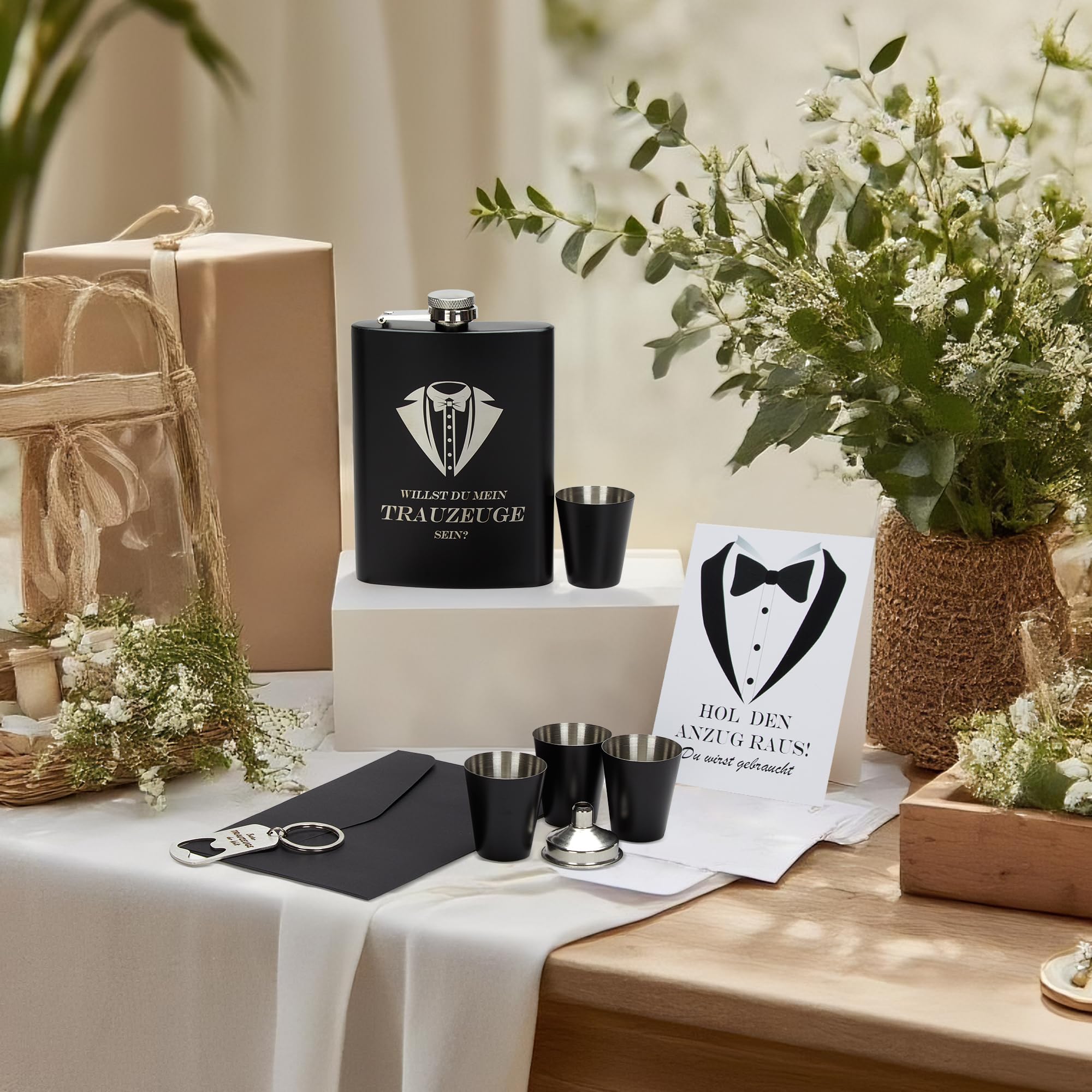 Flachmann mit Gravur 8oz Edelstahl Geschenkset für Trauzeuge und Trauzeugin, Schwarze Geschenkbox mit 4 Bechern und Trichter, Personalisiertes Hochzeitsgeschenk für Männer und Frauen, BLACK