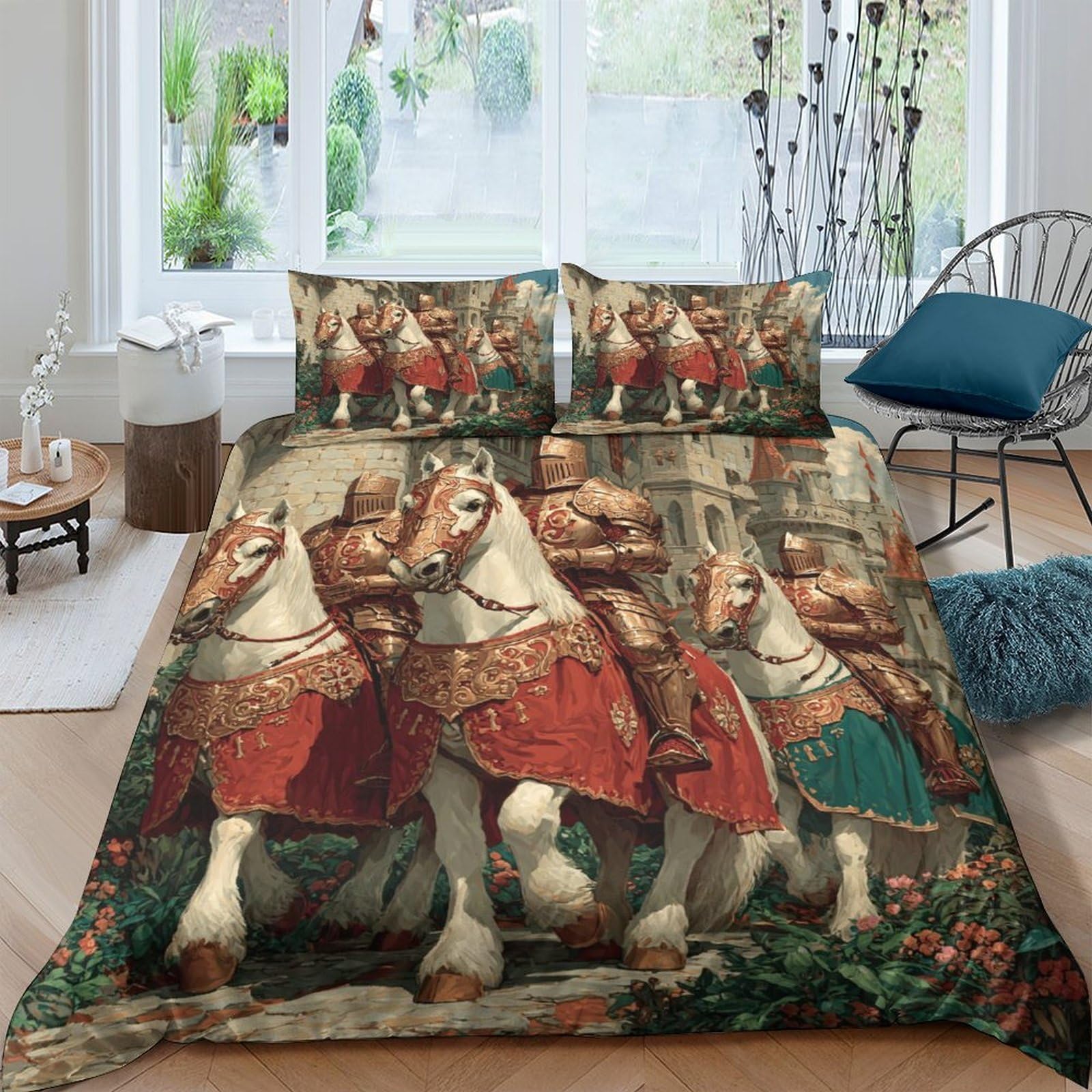 Ctjqhvkz Style-8 3D Printed Medieval Knights Fitted Sheet Microfiber Soft Anti-Slip Renaissance Horses Bed Cover For Bedroom Decor Single（135X200cm）