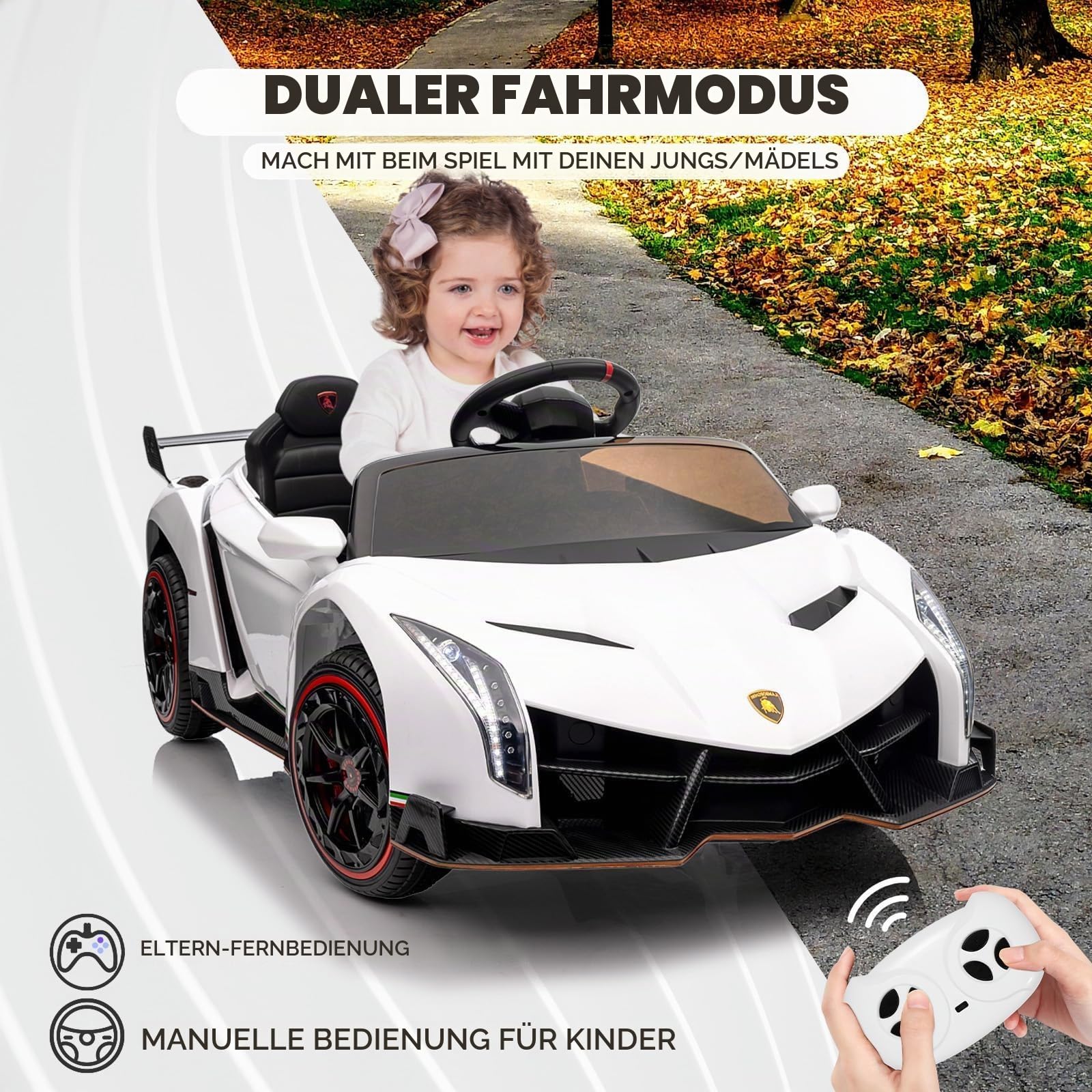 Garvee Kinder Elektroauto Lamborghini 12V – 2 Sitze, 2 Motoren, 2.4G Fernbedienung, Hupe, Musik, Bluetooth & USB, Vorwärts-/Rückwärtsfahrt, Elektrisches Kinderfahrzeug Für Kinder Ab 3 Jahre