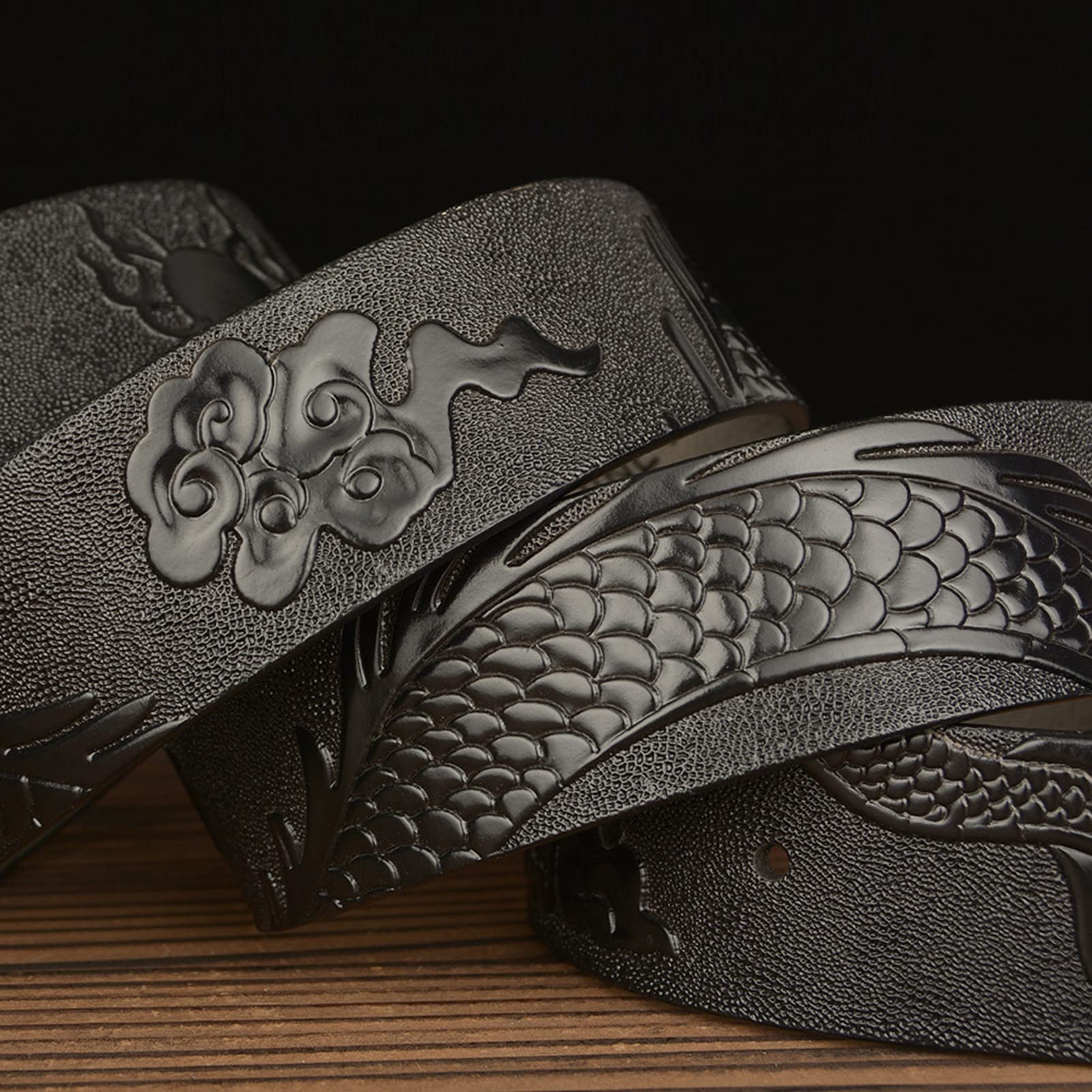 Cinturón De Trinquete para Hombre Hebilla Automática Deslizante Dragon Cinturones De Dragón Tallado En Relieve Longitud 110-130cm Correas De Cuero De Vaca(115cm/45, Black)
