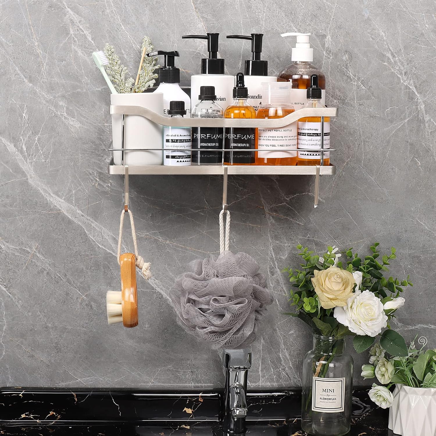 Buy NearMoon Adhesive Shower Caddy Basket Shelf with Hooks, No Drilling