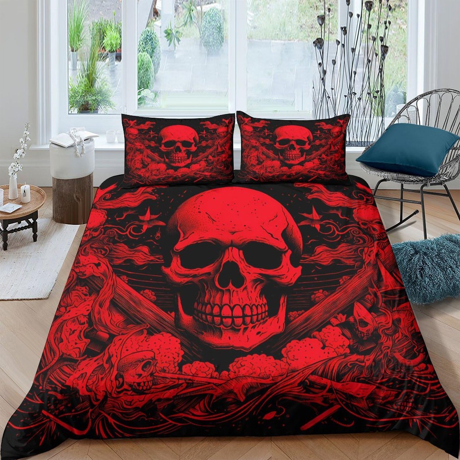 Ctjqhvkz Style-5 3D Printed Red Skull Fitted Sheet Microfiber Soft Slip Resistant Gothic Smoke Bed Cover For Bedroom Guest Room Decor Single（135X200cm）