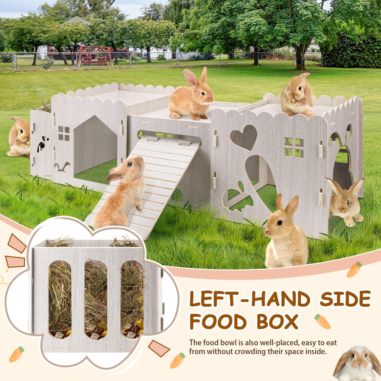 Große hölzerne Kaninchen Schloss, Nagelfreie abnehmbare Kaninchens Versteck mit Nahrungsschale, Kaninchen Rampe & Multi-Löcher, niedliche Kaninchens Haus Fitting Syrische Hamster