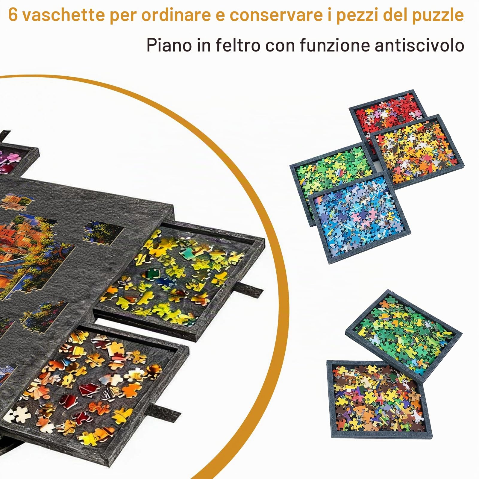 Tavole per Puzzle 1000 Pezzi, Porta Puzzles Portatile con 6 Cassetti e Copertura Antipolvere, Tappeto Puzzle in Feltro, per Adulti e Bambini, Nero