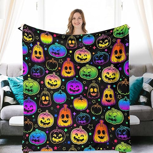Manta de calabaza neón de Halloween para adultos y niños, para sofá, cama, sofá, decoración de Halloween, 60 x 50 pulgadas