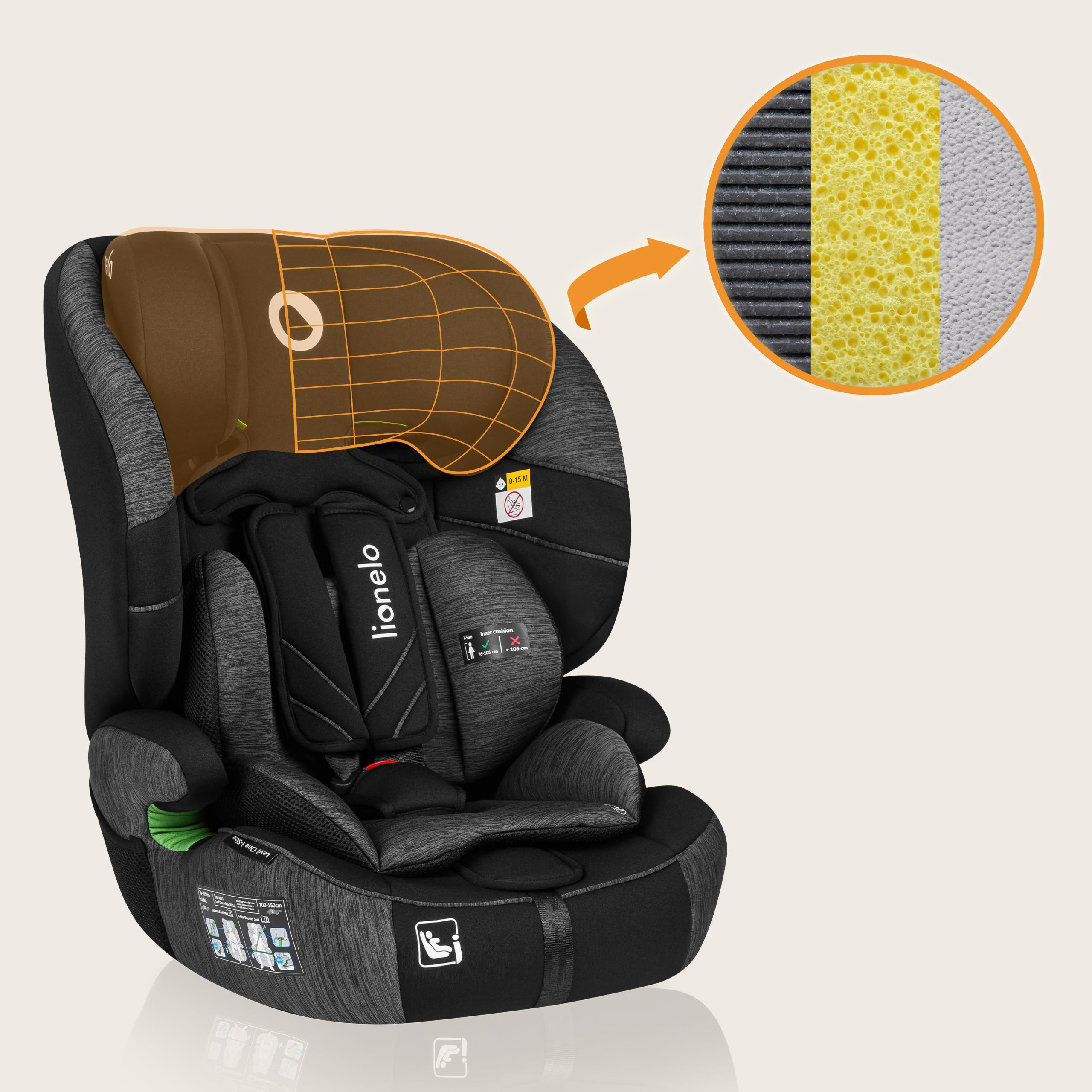 LIONELO LEVI ONE I-SIZE Silla infantil de coche 76-150 cm, Grupo 1 2 3, Protección Lateral, Reposacabezas ajustable de 10 etapas, Reposabrazos Cómodos, Respaldo Extraíble, R129 i-Size