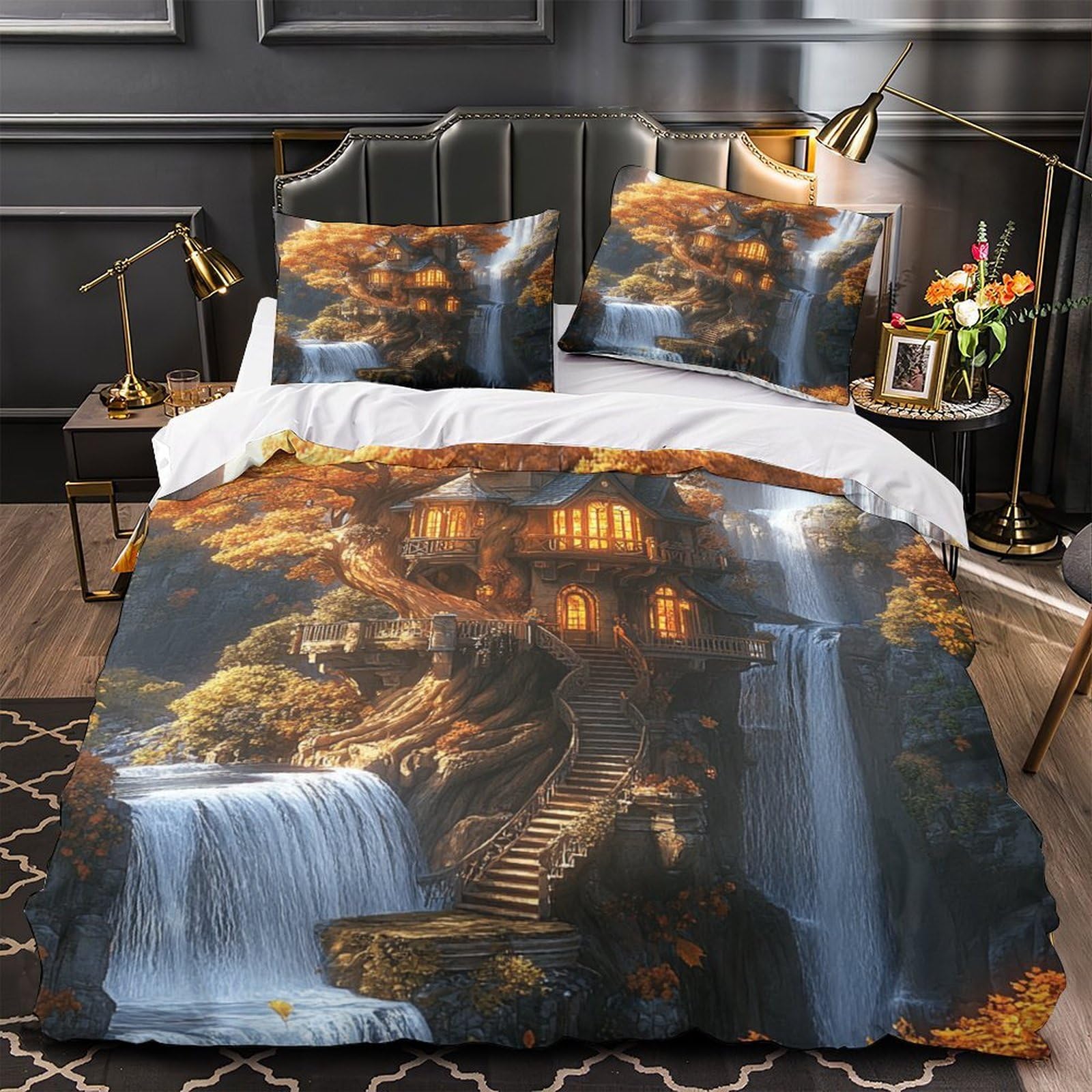 Casa sull'albero fantasy Impressione 3D 3 pz coperteletto Fantasia in stile cottage fodera per edredone microfibra morbida antiacari per bambini adolescenti donne King（220x240cm）