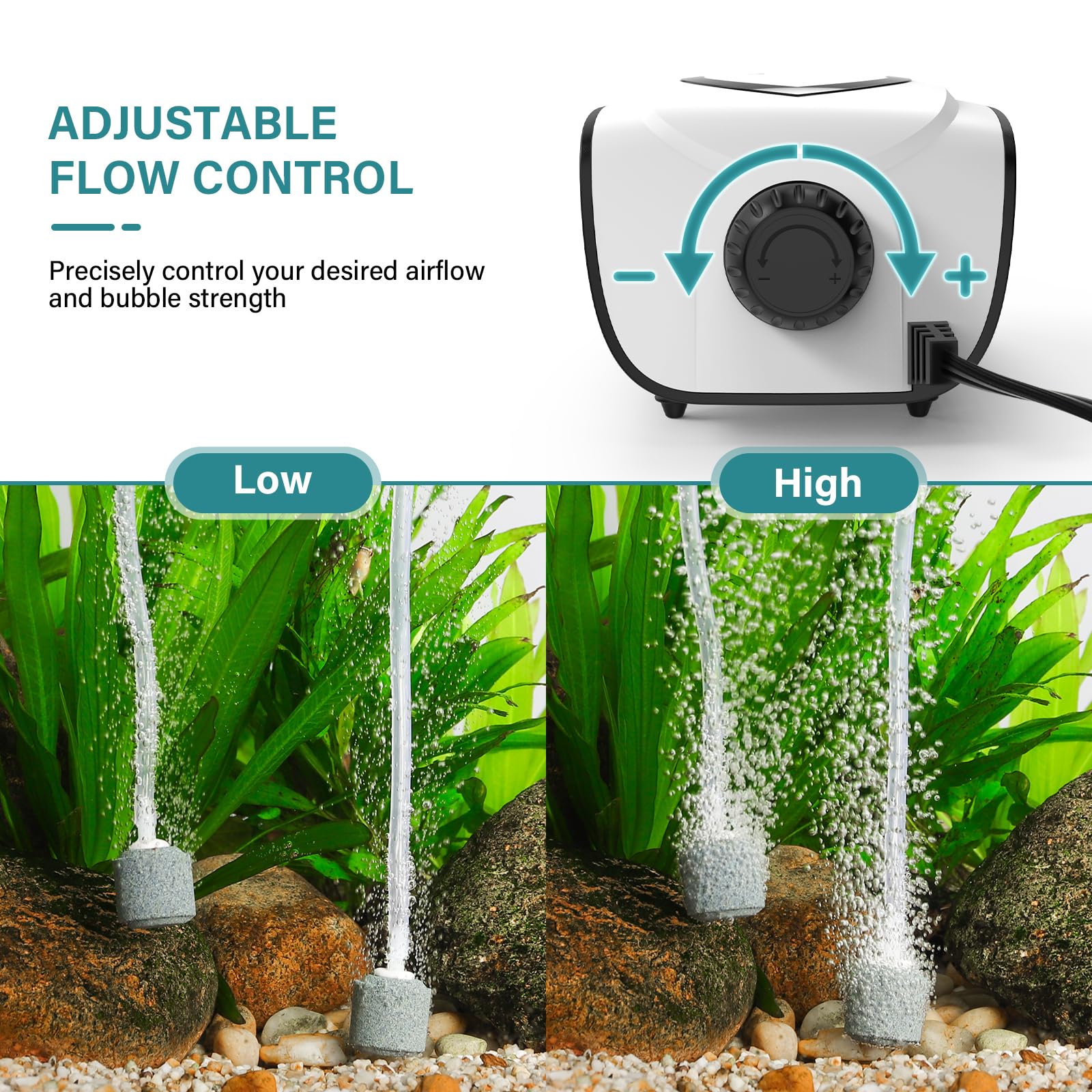 fishkeeper Aquarium Luftpumpe, Einstellbare Sauerstoffpumpe für Aquarien, Luftsprudler Membranpumpe mit Luftstein bis zu 600L, Leistungsstarker Komplettes Aquarium Zubehör Set, 3W/5W