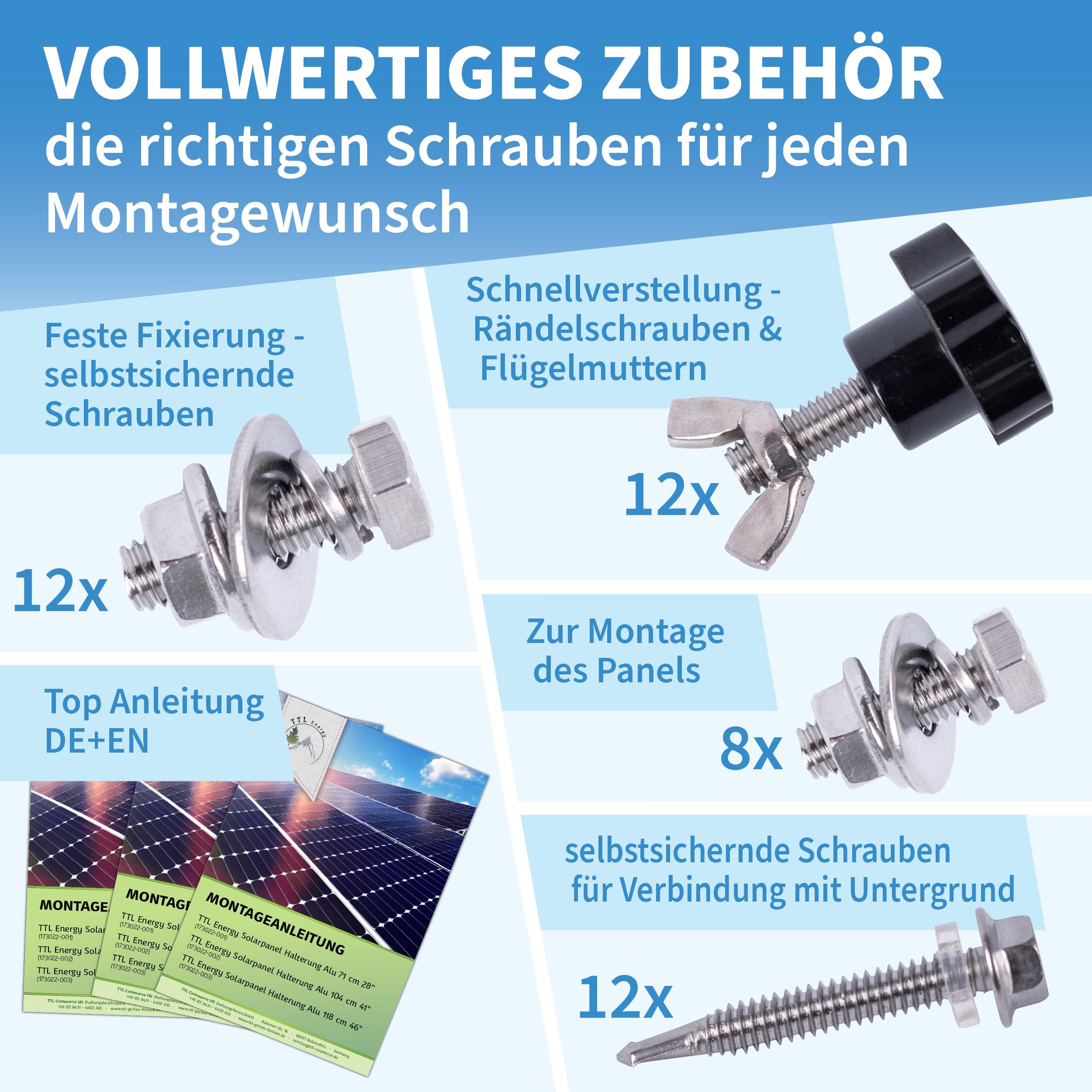 Solarmodul Halterung Alu 104 cm 41“ 4er Set 2 Paar - 0-90° Winkel einstellbar Montage & Befestigungs Set für Flachdach Aufständerung Balkonkraftwerk Solarpanel auf Balkon Garage Wand