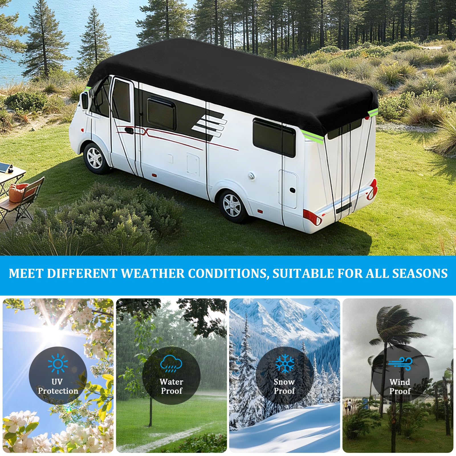 EXLECO Funda protectora para caravana, 6,5 x 3 m, impermeable, resistente al sol, resistente a la intemperie, lona de protección de techo 210D Oxford, cubierta de techo con tiras reflectantes