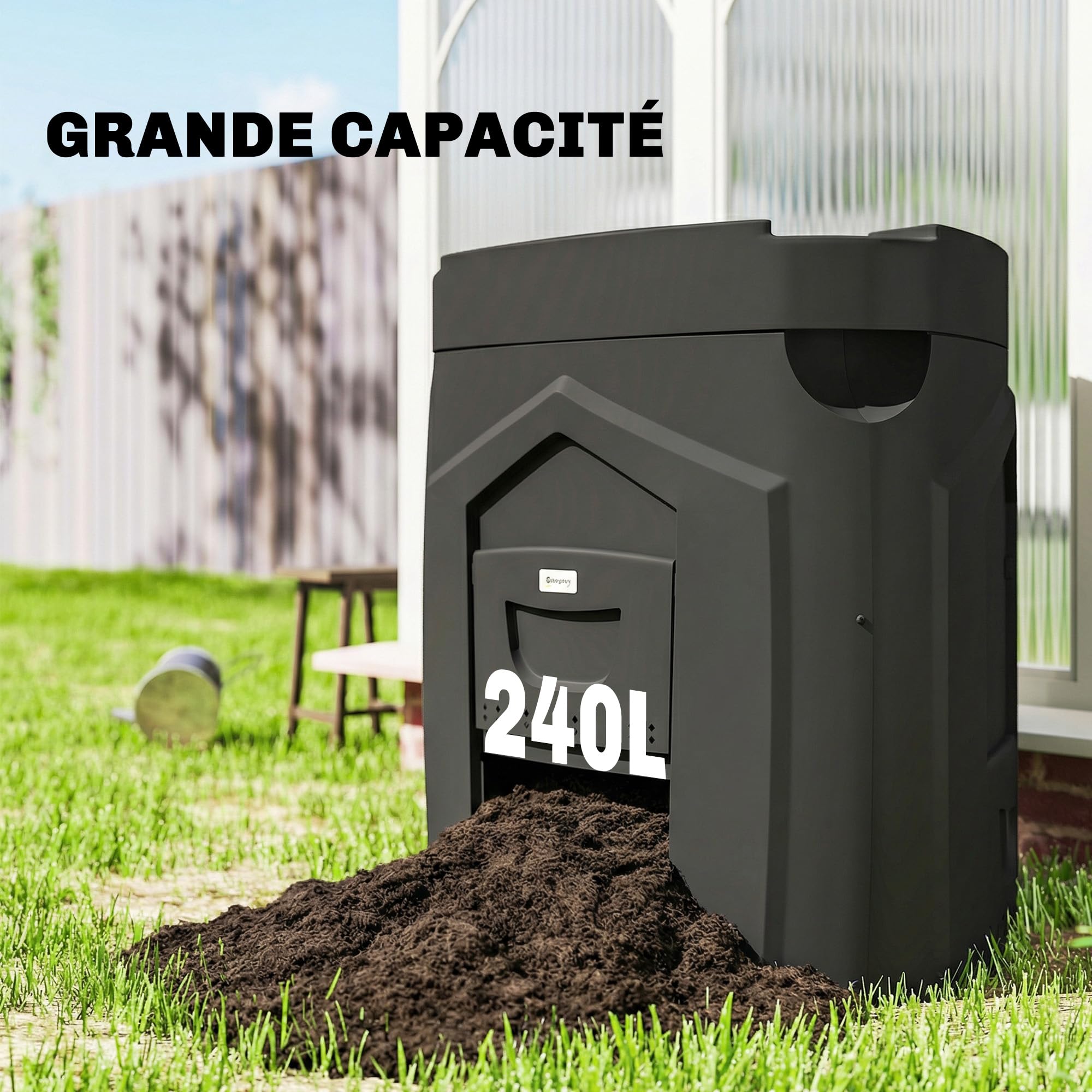 Outsunny Composteur de jardin, 240L, bac à compost extérieur, triangulaire, 78 x 75 x 78 cm, en polypropylène, avec 3 Portes, 66 Aérations et Fond Ouvert, Inclus Gants et Tournevis, Noir