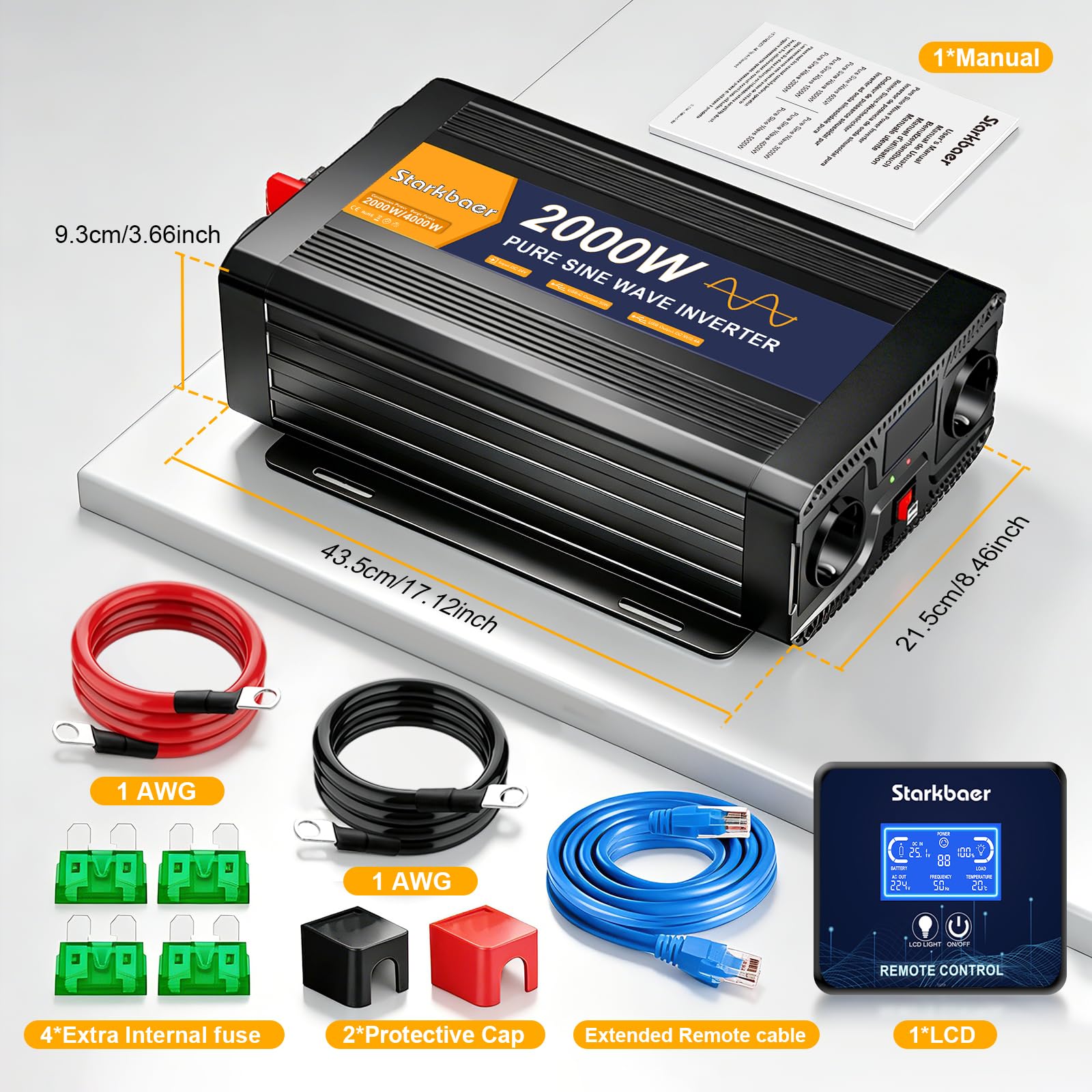 2000W/4000W Wechselrichter 24v auf 230v Reiner Sinus Spannungswandler mit LCD-Bildschirm, Fernbedienung,AC Steckdosen,USB-C Für Wohnmobil, Auto, Solar, Camping & Stromausfall (2000W24V)