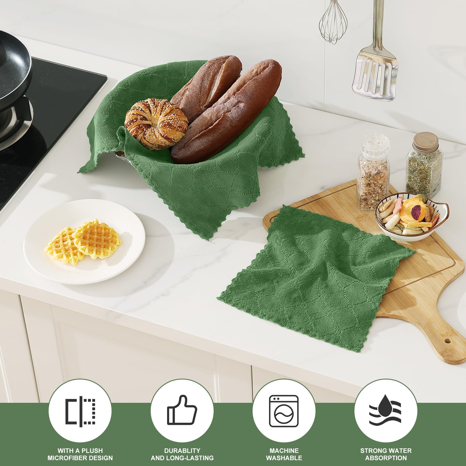 Homaxy Lot de 12 torchons de cuisine et torchons de cuisine en velours corail, 25,4 x 25,4 cm et 33 x 48,3 cm, super doux et absorbants, sans peluches et anti-adhésifs, séchage rapide, vert gazon