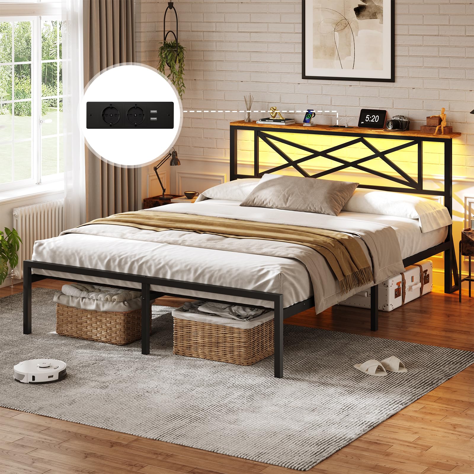 DICTAC Cama de 120 x 200 cm con iluminación LED, estructura de cama de 120 x 200 cm con enchufe y función de carga USB, cama de metal con cabecero de madera, espacio de almacenamiento, marco de cama