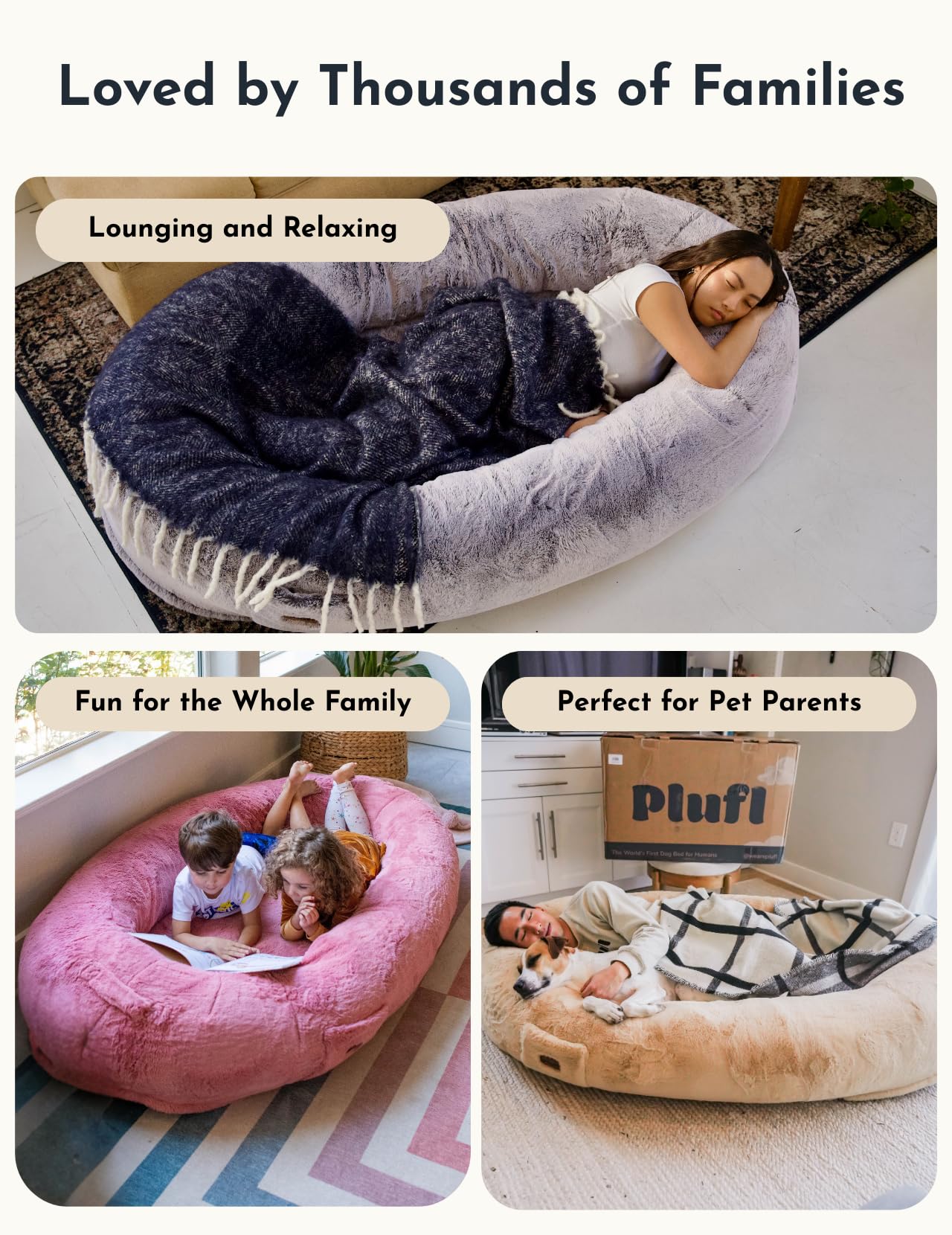 Plufl, The Original Human Dog Bed for Adults, Kids, and Pets. As Seen on Shark Tank. Comfy Plush Large Bean Bag with Memory Foam, Machine Washable, and Durable. Perfect nap and Floor Bed -: Beige
