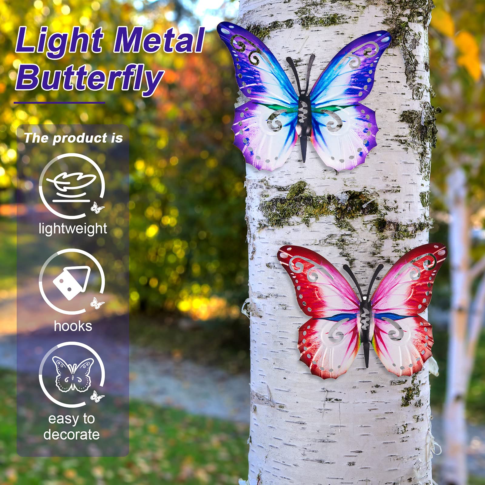 VEGCOO 3 Farfalle In Metallo Per Decorazione Da Giardino, Colorate (Blu, Viola, Giallo), Arredo Da Esterno Antiruggine