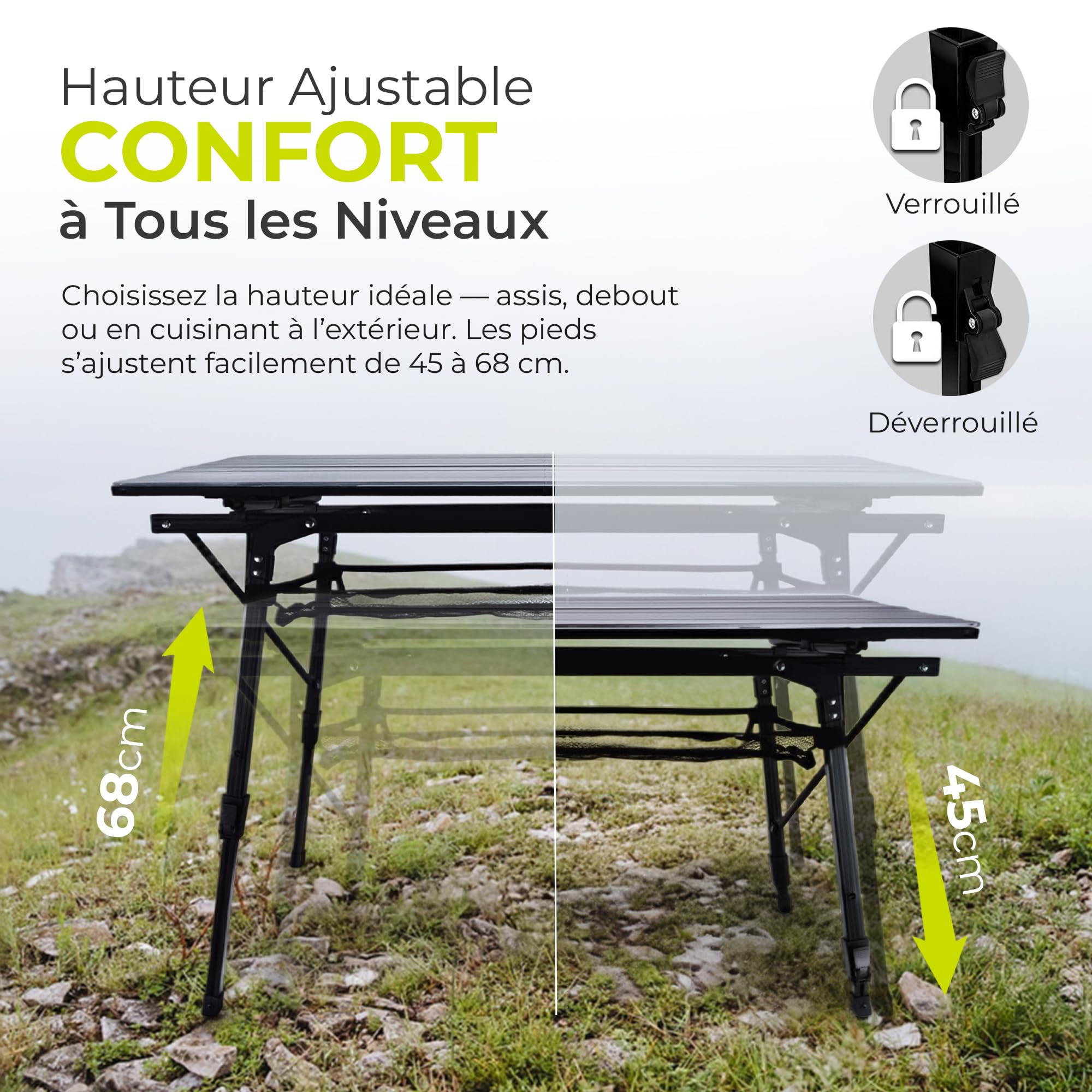 Table de Camping Table Multifonctions Pliante Table Polyvalente ; Table Pliante réglable en Hauteur avec Plateau de Table Enroulable (90x51cm) & Sac de Transport ; supporte jusqu'à 30kg