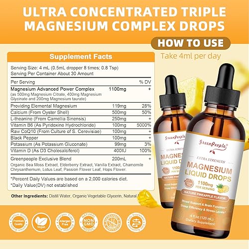 Miniatura 8 de GREENPEOPLE Suplemento de complejo de magnesio triple 17 en 1, gotas líquidas de magnesio con glicinato y citrato de magnesio, sabor a piña, estado