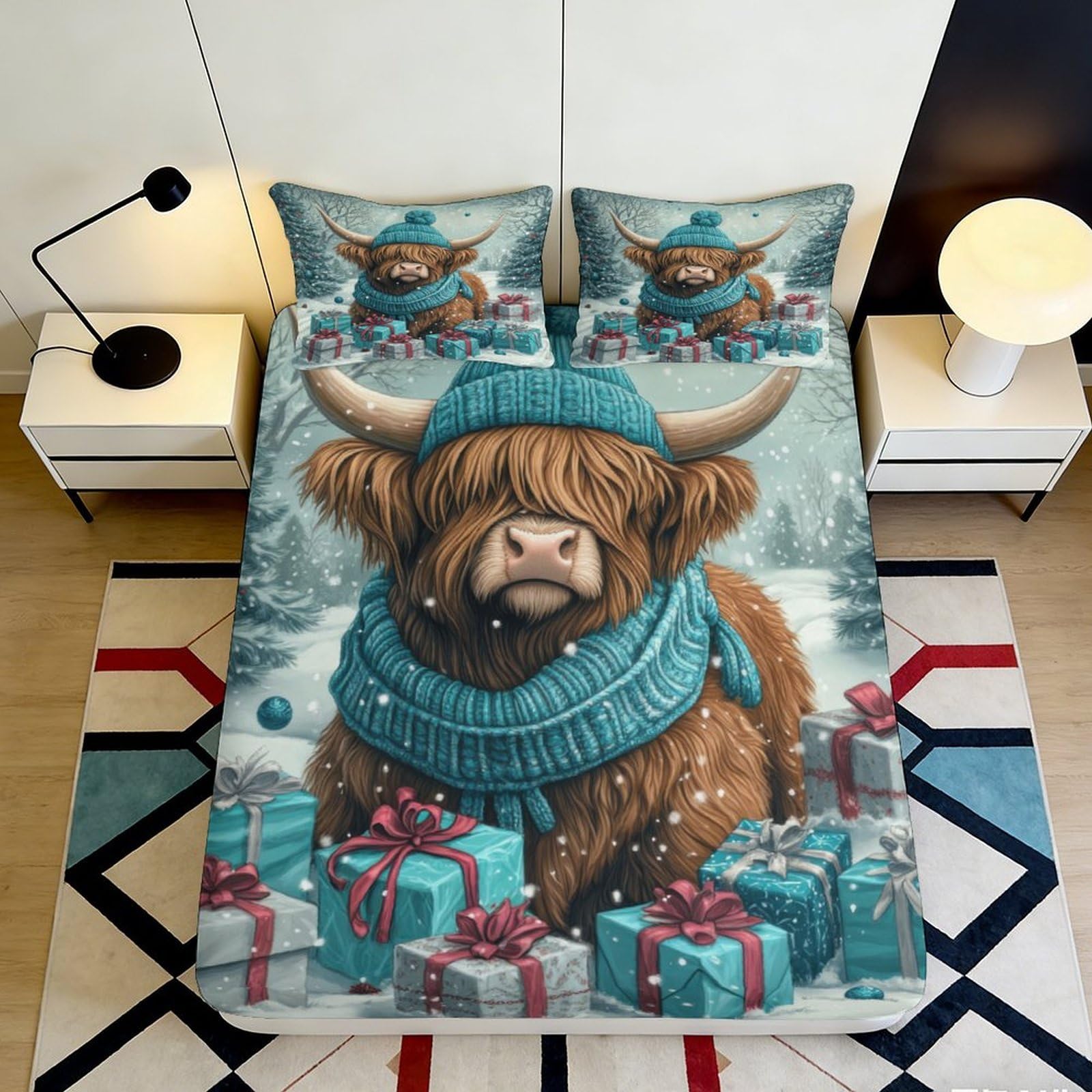 3D Printed Highland Cow Fitted Sheet Microfiber Soft Bedroom Decor Winter Gift Mattress Cover for Adults Teens 90x200x25cm