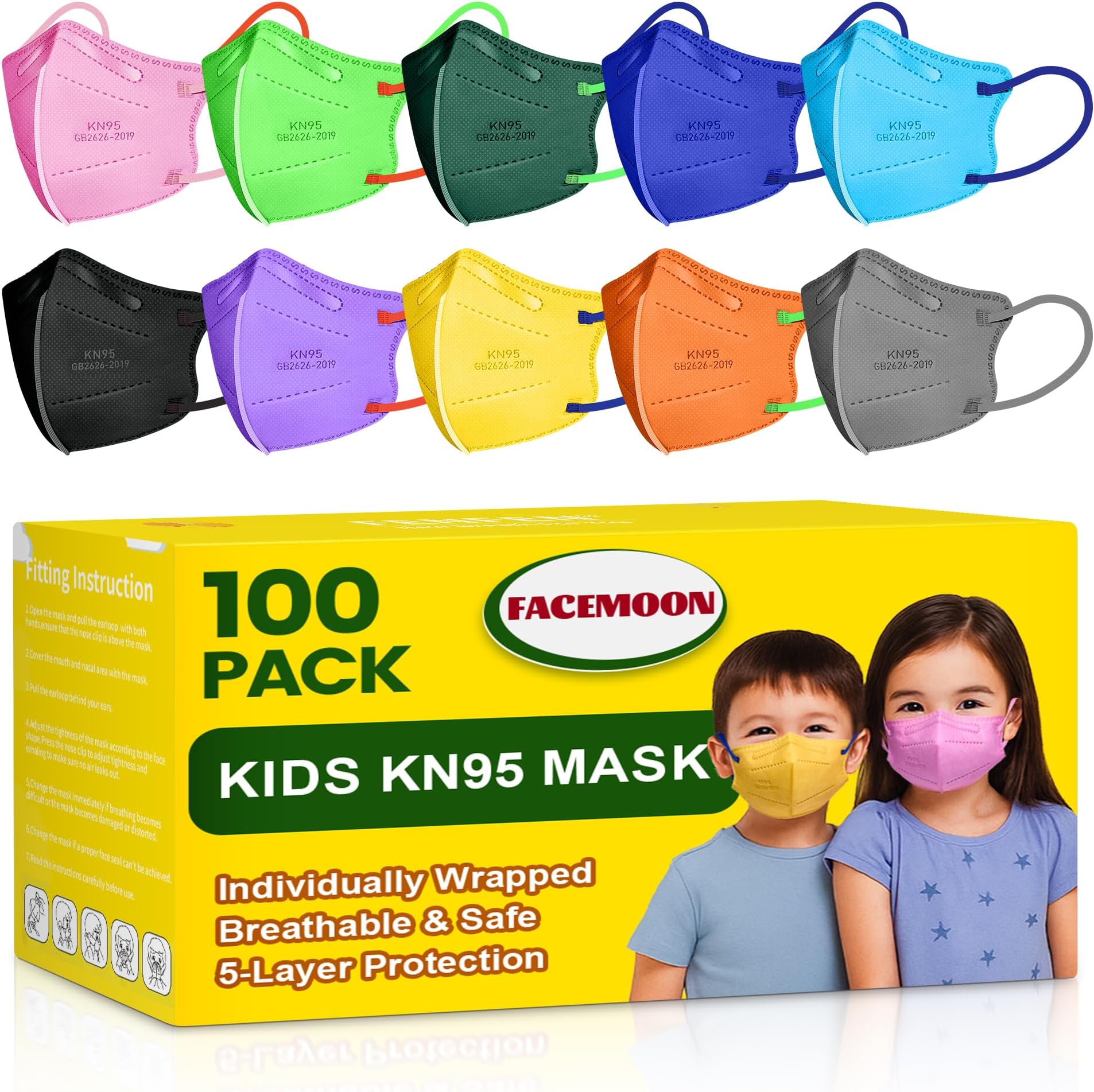 KN95 Masks Disposable for Kids, 5 Layer Protection 100 Pack Individually Wrapped KN95 Masks Children Size Breathable Adjustable Face Mask for Girl and Boy, Mascarillas para Niños Aged 4-12