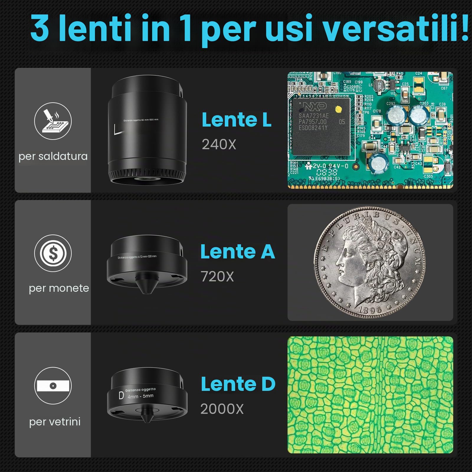 LM249MS 3-Lenti 10" Microscopio Digitale HDMI 2000X UHD 2160P Microscopio per Saldatura per Adulti 13" Supporto in Metallo