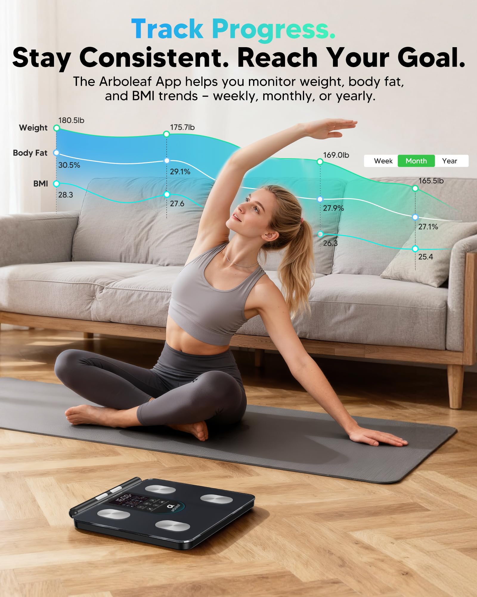 arboleaf Báscula Inteligente Bioimpedancia de 8 Electrodos, Bascula Grasa Corporal y Muscular con Bluetooth & APP, Balanza peso Corporal con Pantalla Grande, 50 Métricas, Alta Precisión, Hasta 180 KG