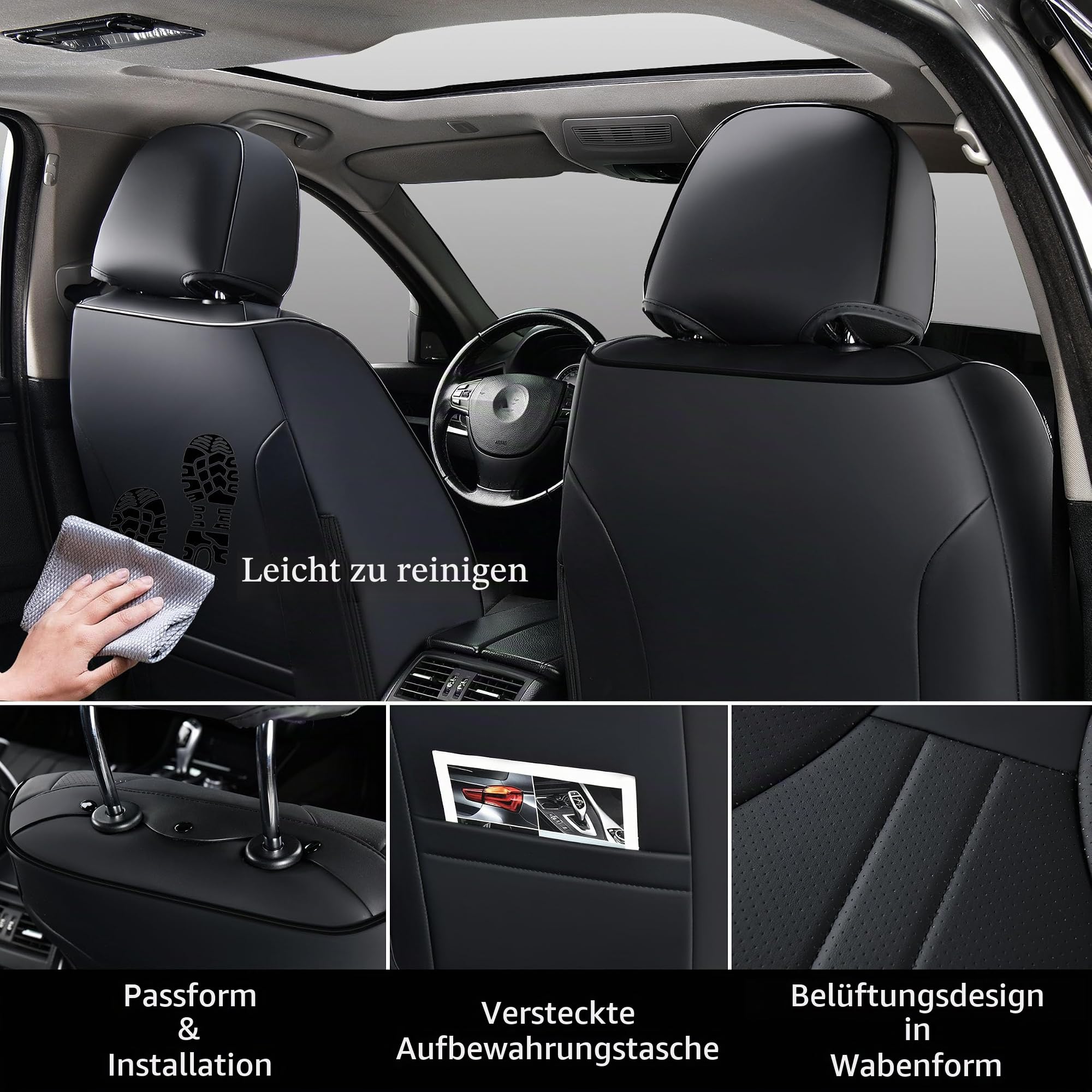 Universelle Komplettsatz-Autositzbezüge für 5 Sitze für Autos, SUVs, Limousinen & LKWs – Wasserdicht, Napa-Leder, Sitzschoner für Vorder und Rücksitze, Autoinnenausstattung Zubehör (Schwarz)