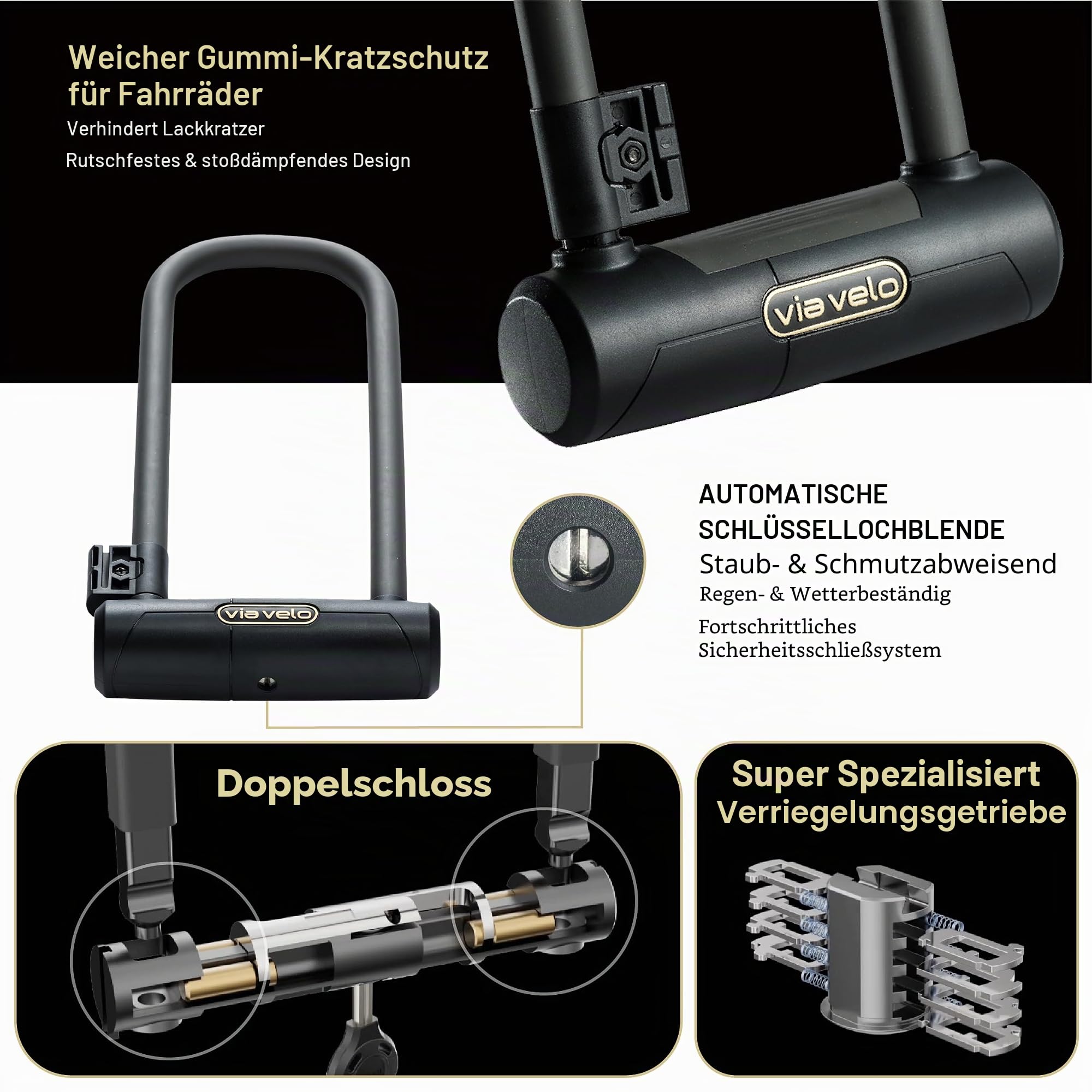 Via Velo Bügelschloss klein & extra lang, Fahrrad U-Schloss, 16 mm Stahl Bügel, Sicherheitsschlüssel, mit Sold Secure Gold Prüfung